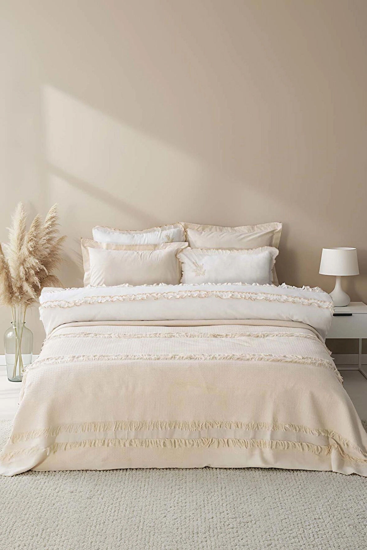 Hermes Kiremit Çift Kişilik Püsküllü Yatak Örtüsü Takımı %100 Pamuklu 3 Parça Uyku & Çeyiz Seti