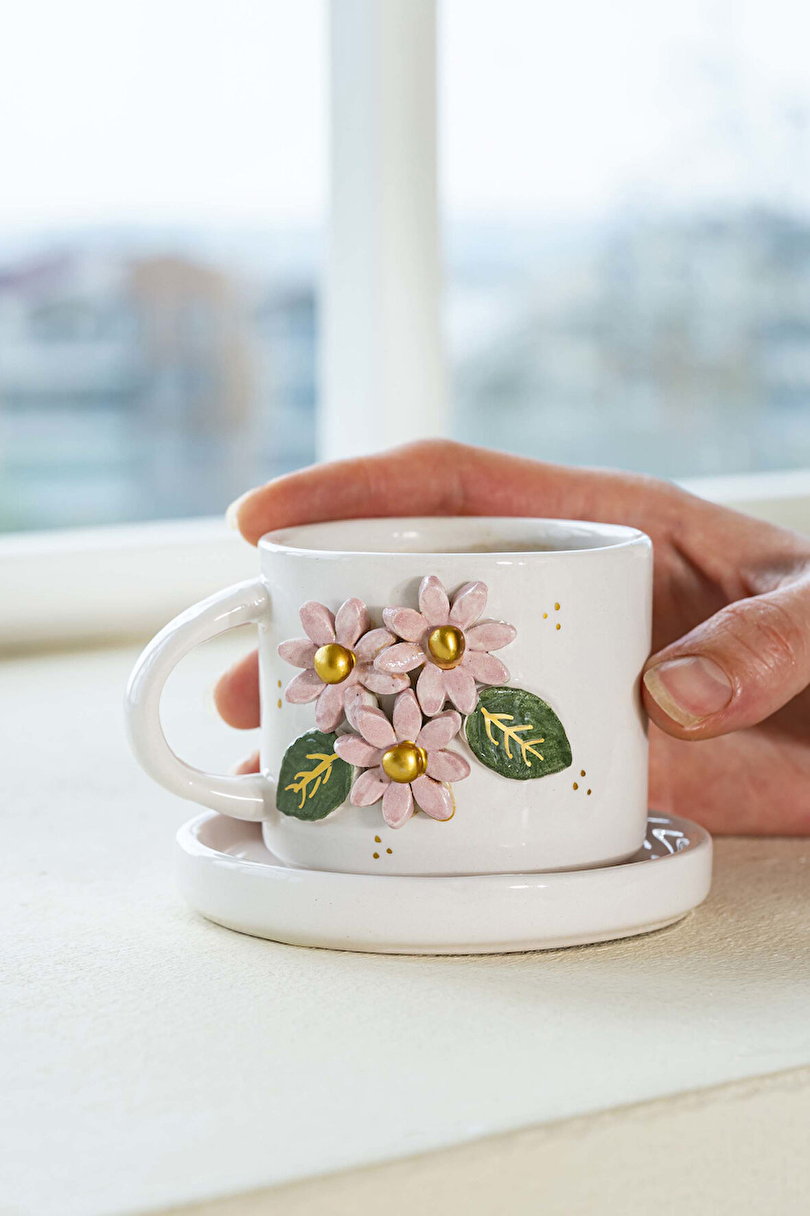Pembe Çiçekli Amore El Yapımı Seramik Double Kahve Fincanı Mug Kupa