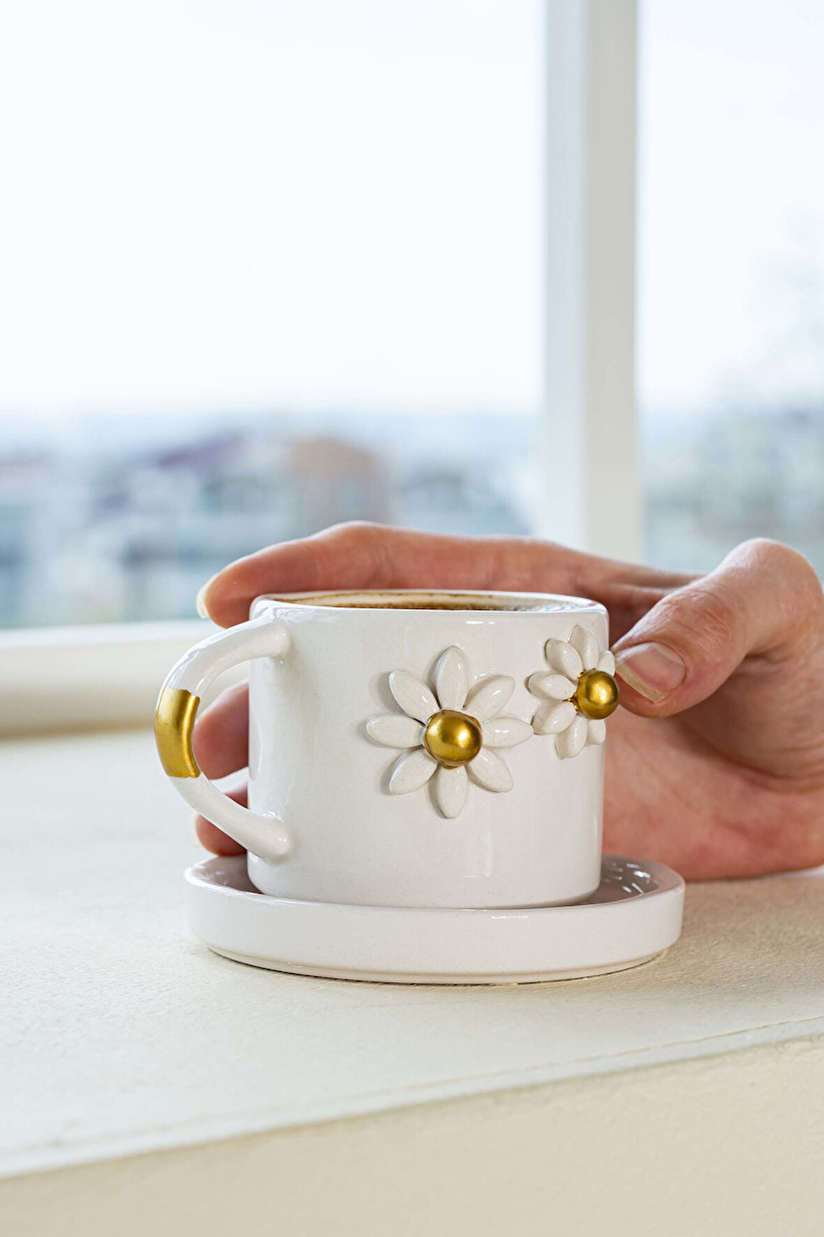 Gold Papatya Amore El Yapımı Seramik Double Kahve Fincanı Mug Kupa