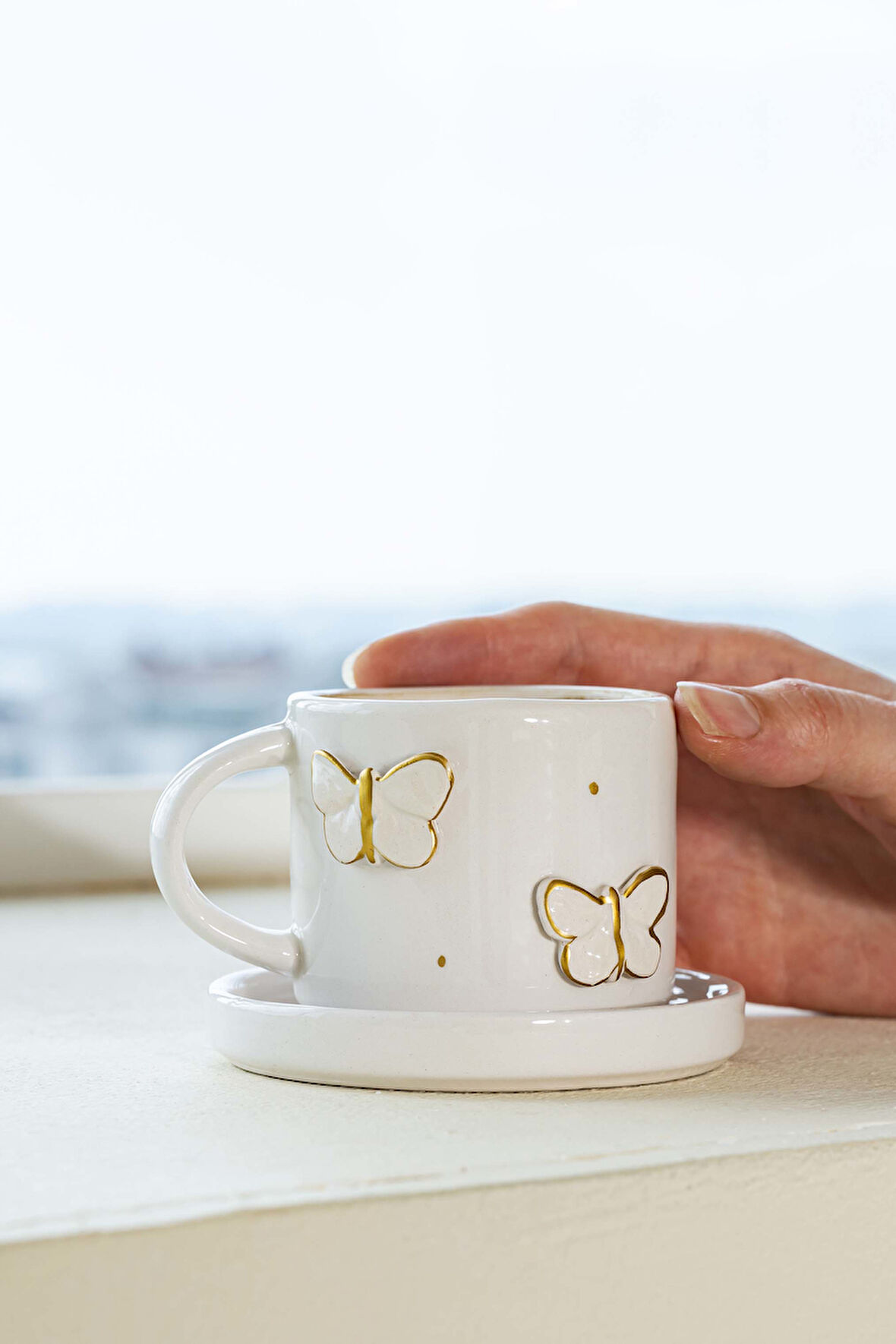 Gold Kelebek Amore El Yapımı Seramik Double Kahve Fincanı Mug Kupa