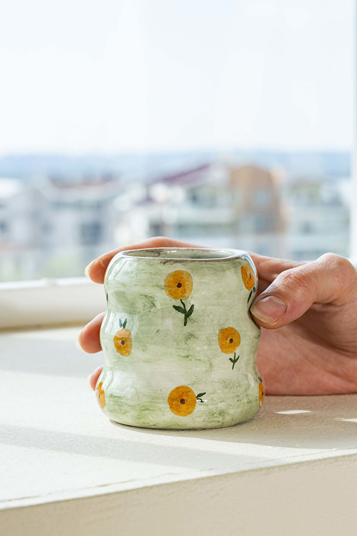 Yeşil Çiçek Amore El Yapımı Seramik Double Kahve Bardağı Mug Kupa