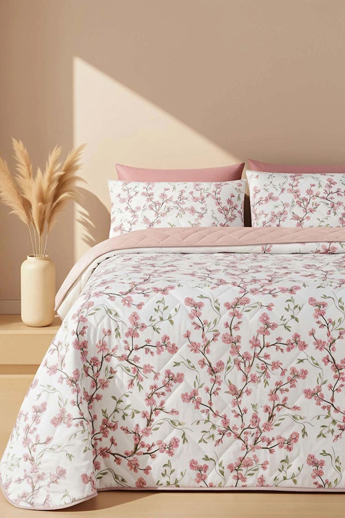 Sakura Kapitone Çift Kişilik Pamuklu Pike & Çok Amaçlı Yatak Örtüsü