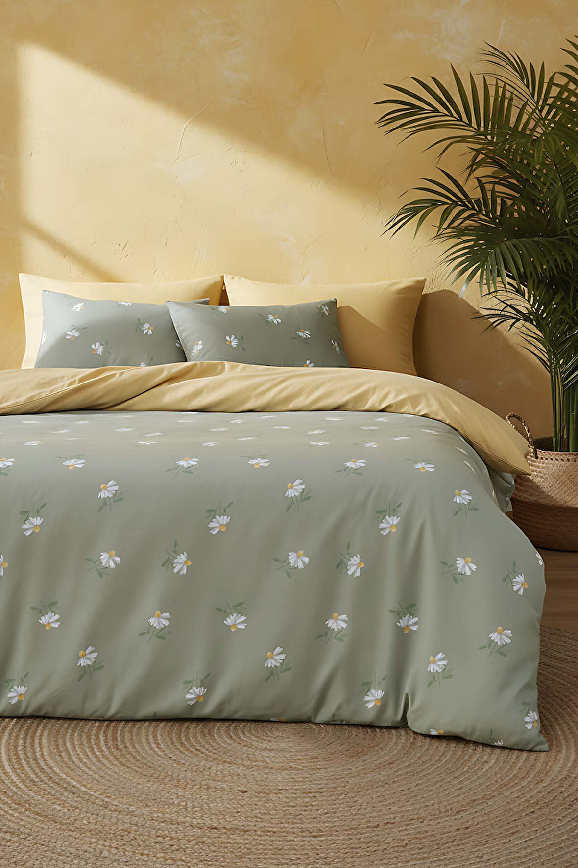Yeşil Papatya Çift Kişilik Naturel İpeksi Nevresim Takımı