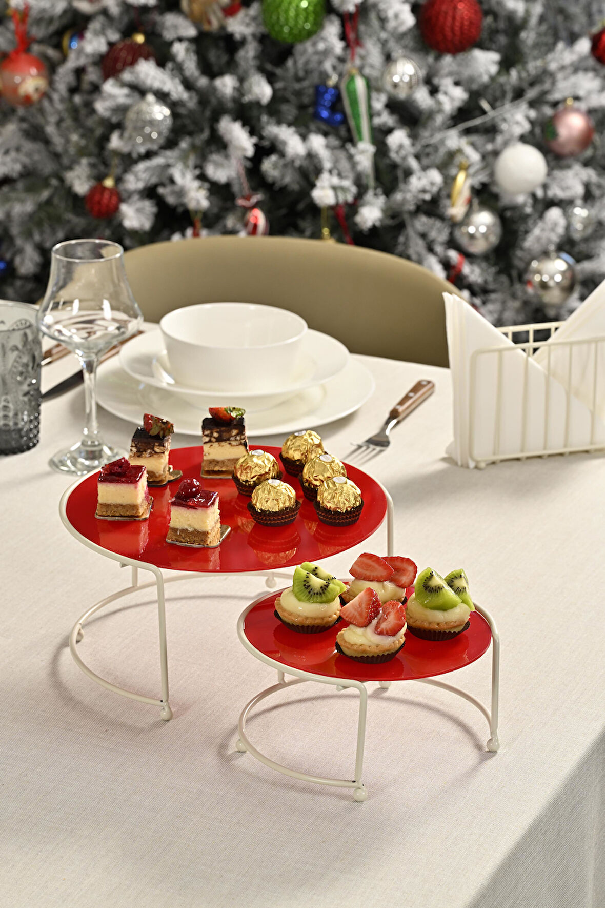 Bej Küçük Boy Sunumluk 2'Li Metal Hediyelik Dekorasyon İkramlık /Kırmızı Pleksi / Paslanmaz