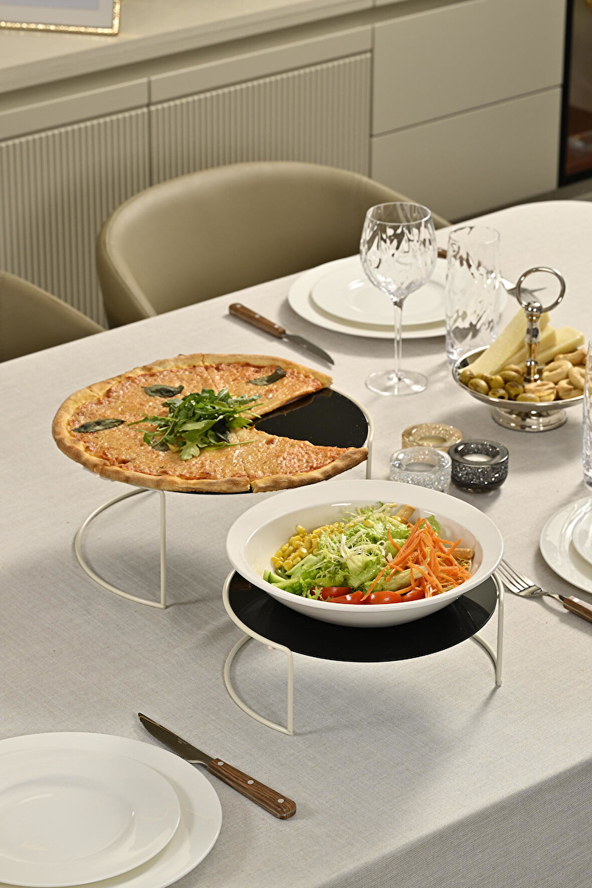 Bej Büyük Boy Sunumluk 2'Li Metal Hediyelik Dekorasyon İkramlık /Siyah Pleksi / Paslanmaz