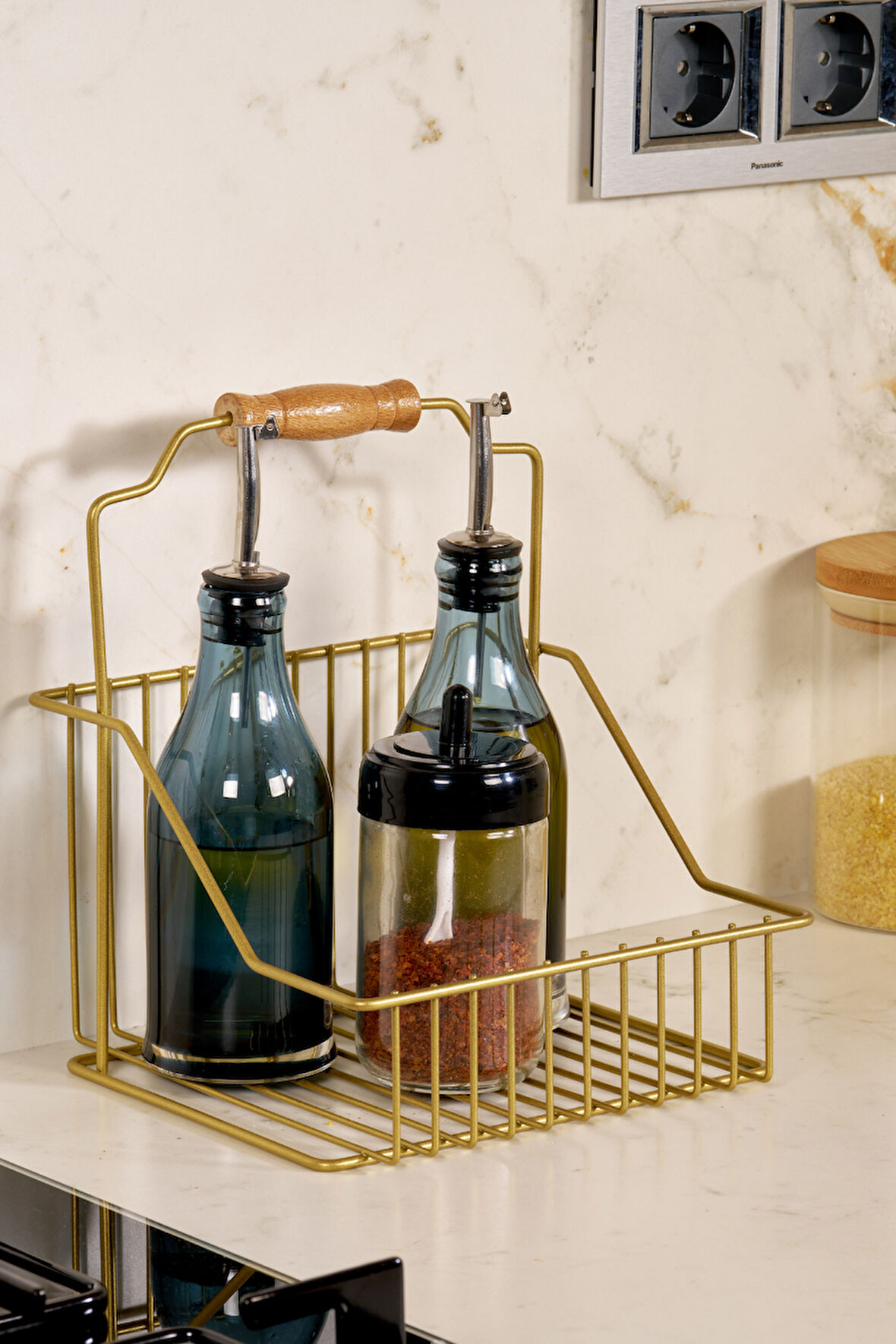 Gold Ahşap Kulplu Retro Sepet, Şık Çok Amaçlı Düzenleyici Organizer