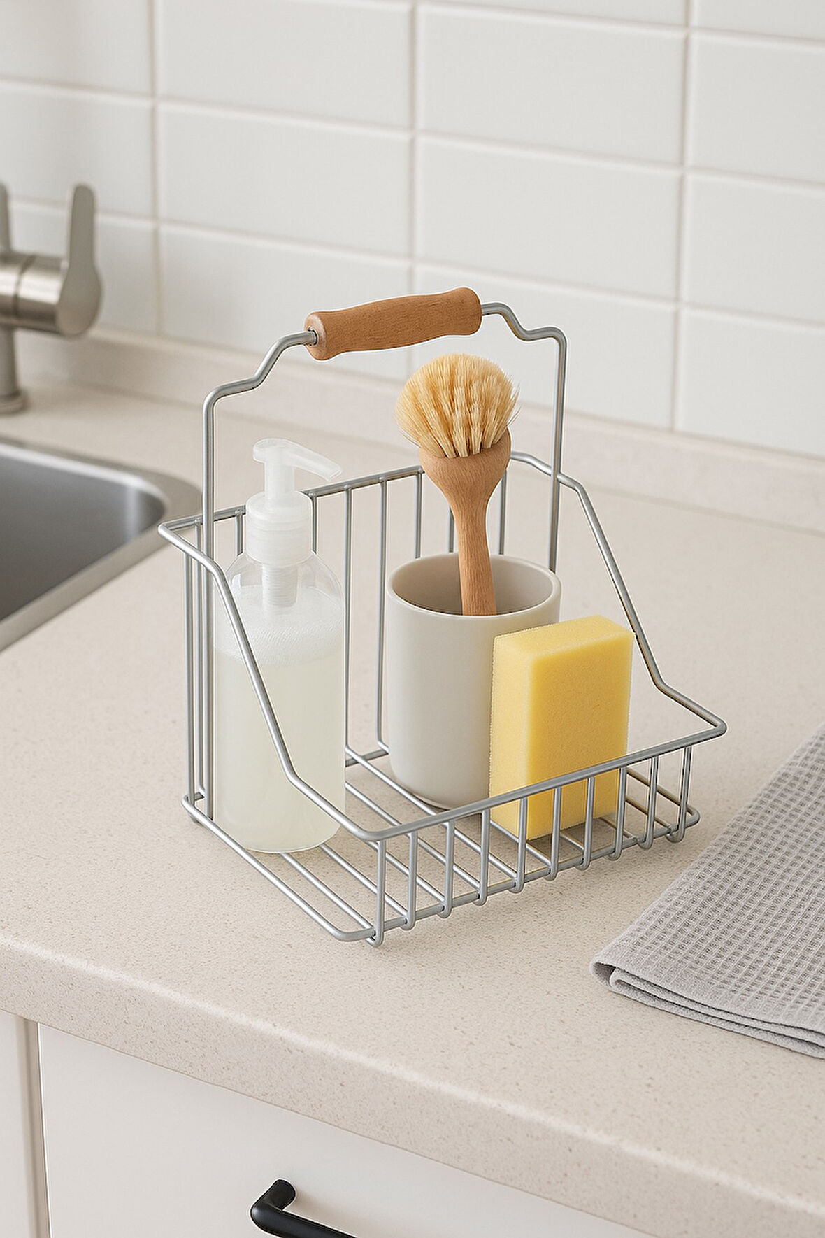 Silver Ahşap Kulplu Retro Sepet, Şık Çok Amaçlı Düzenleyici Organizer