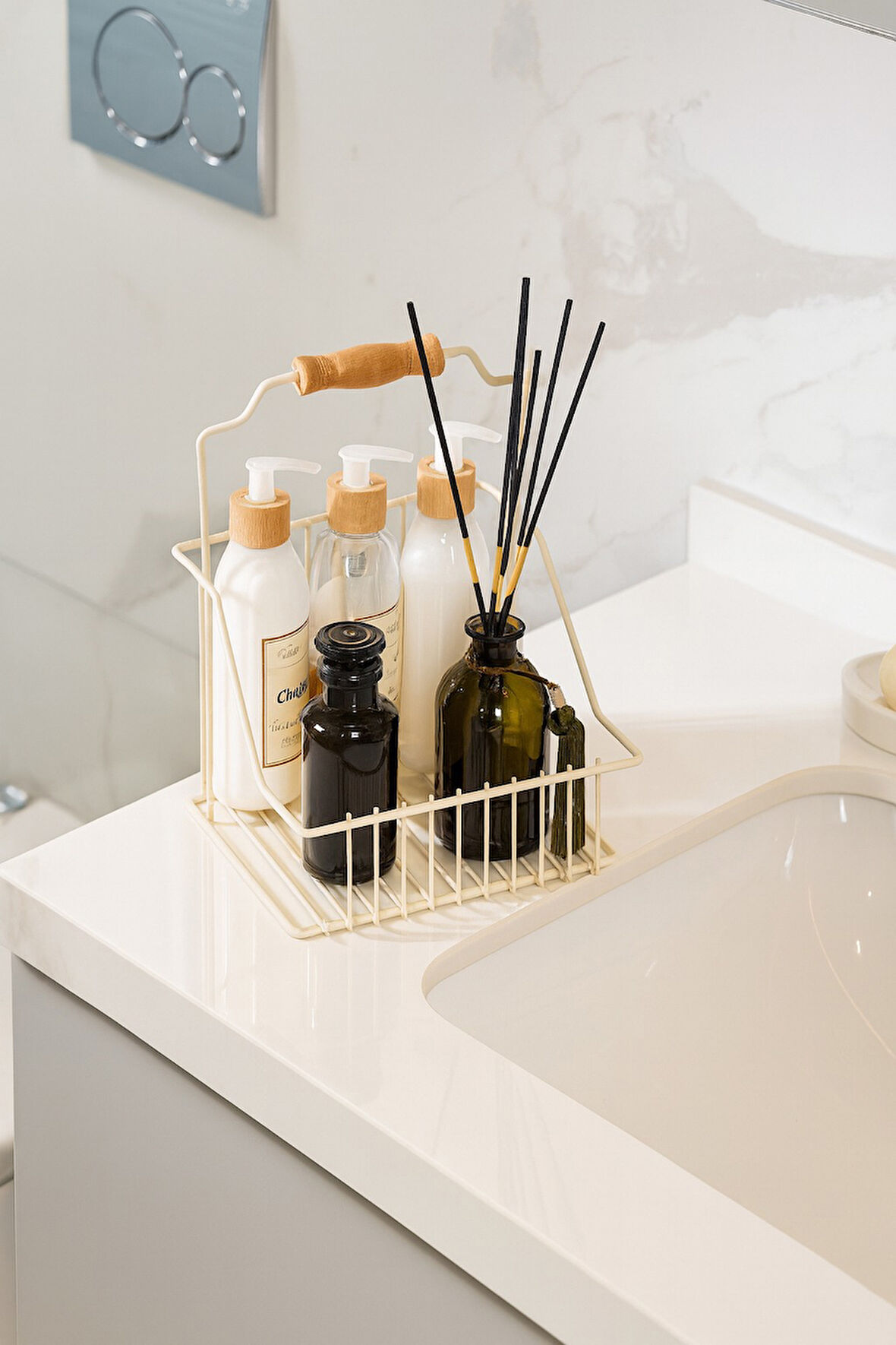 Bej Ahşap Kulplu Retro Sepet, Şık Çok Amaçlı Düzenleyici Organizer