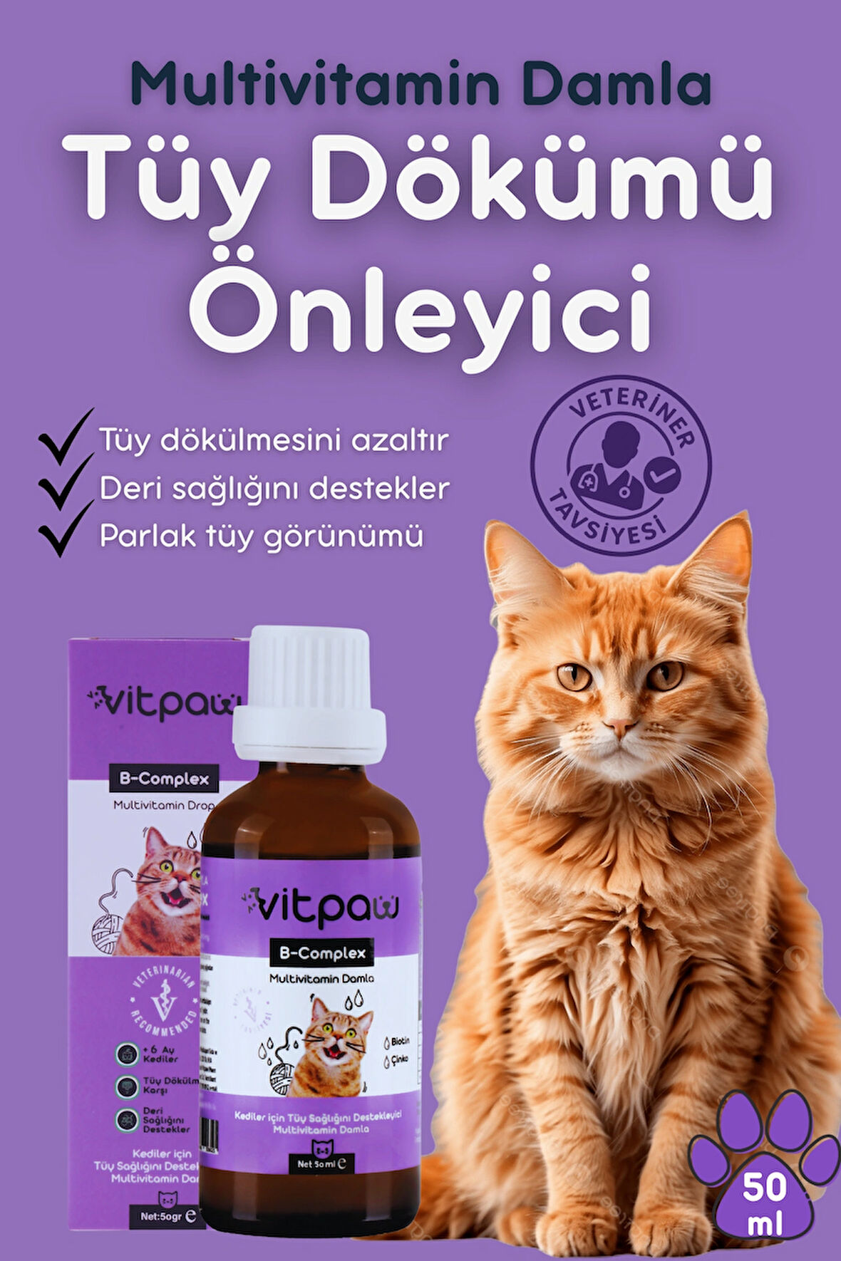 Vitpaw B+ Complex Damla 50 ml. Kediler için Tüy Sağlığını Destekleyici (Biotin & Çinko Multivitamin Damla)