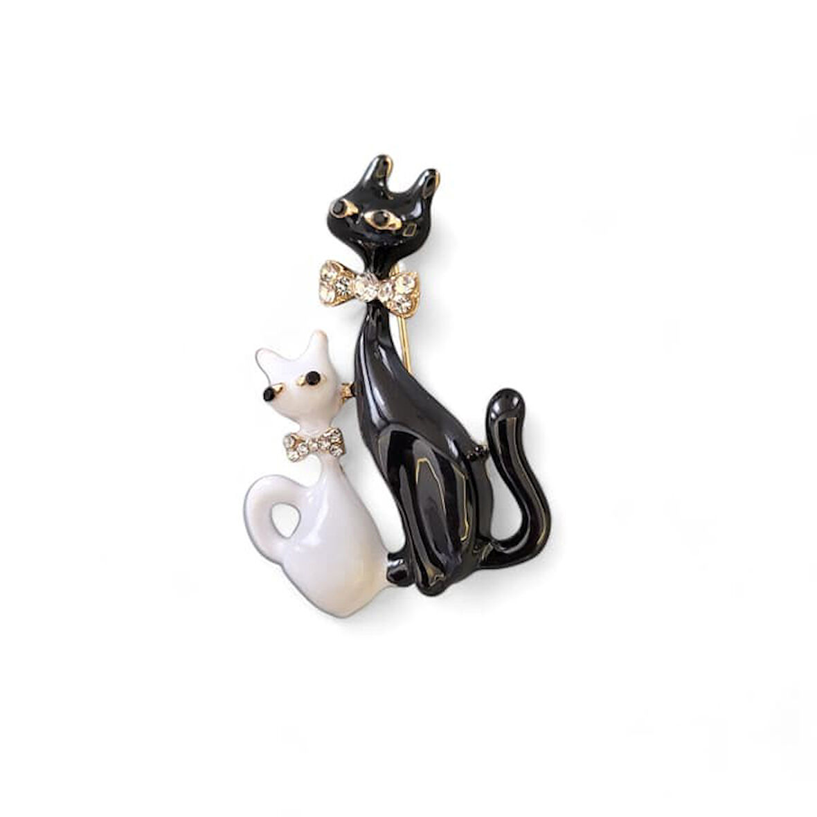 Siyah Beyaz Papyonlu Taşlı Kedi Çifti Broş