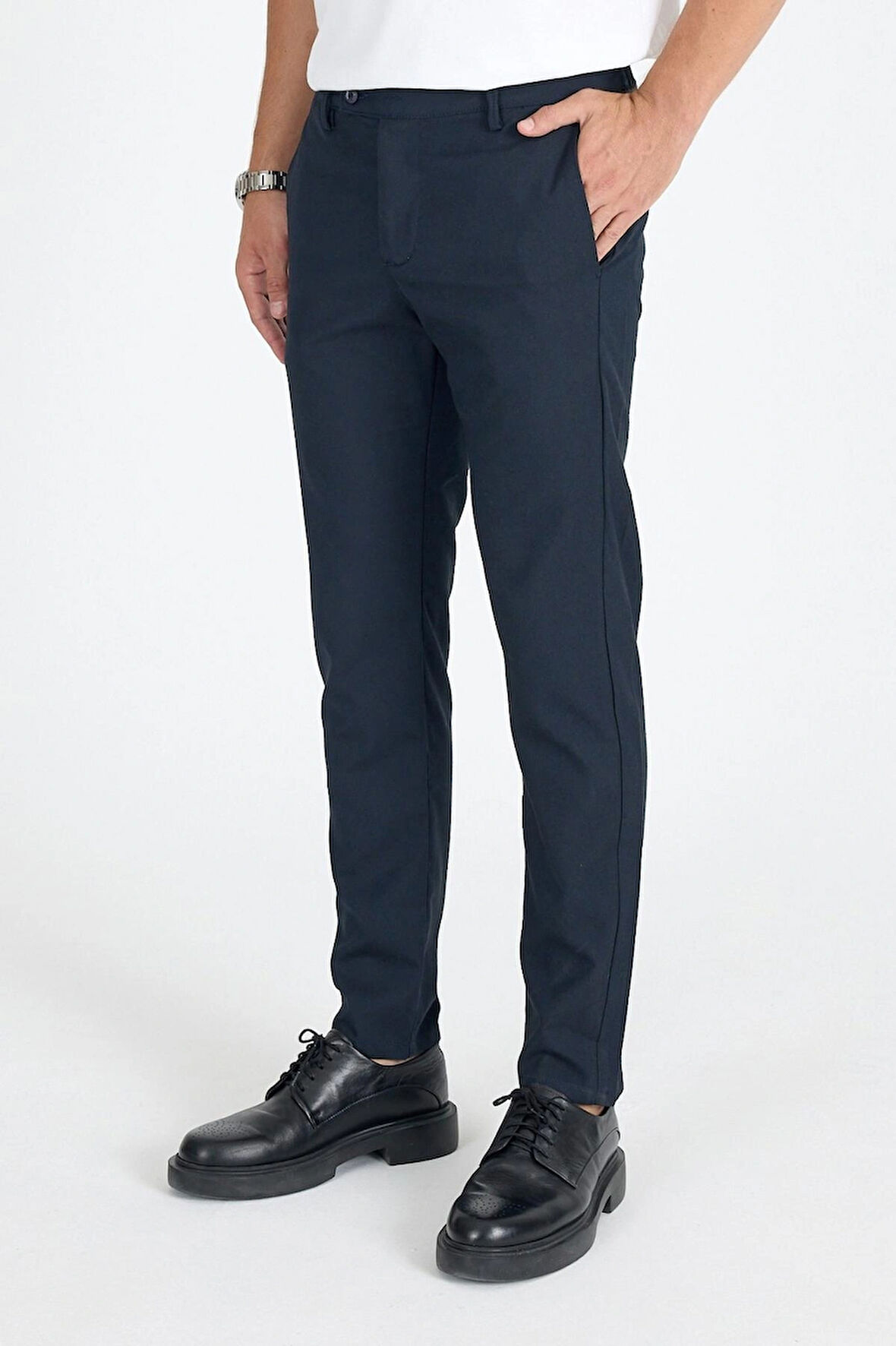 Erkek Koyu Lacivert Kaliteli Esnek Likralı Bilek Boy Rahat Kesim Slim Fit Kumaş Pantolon