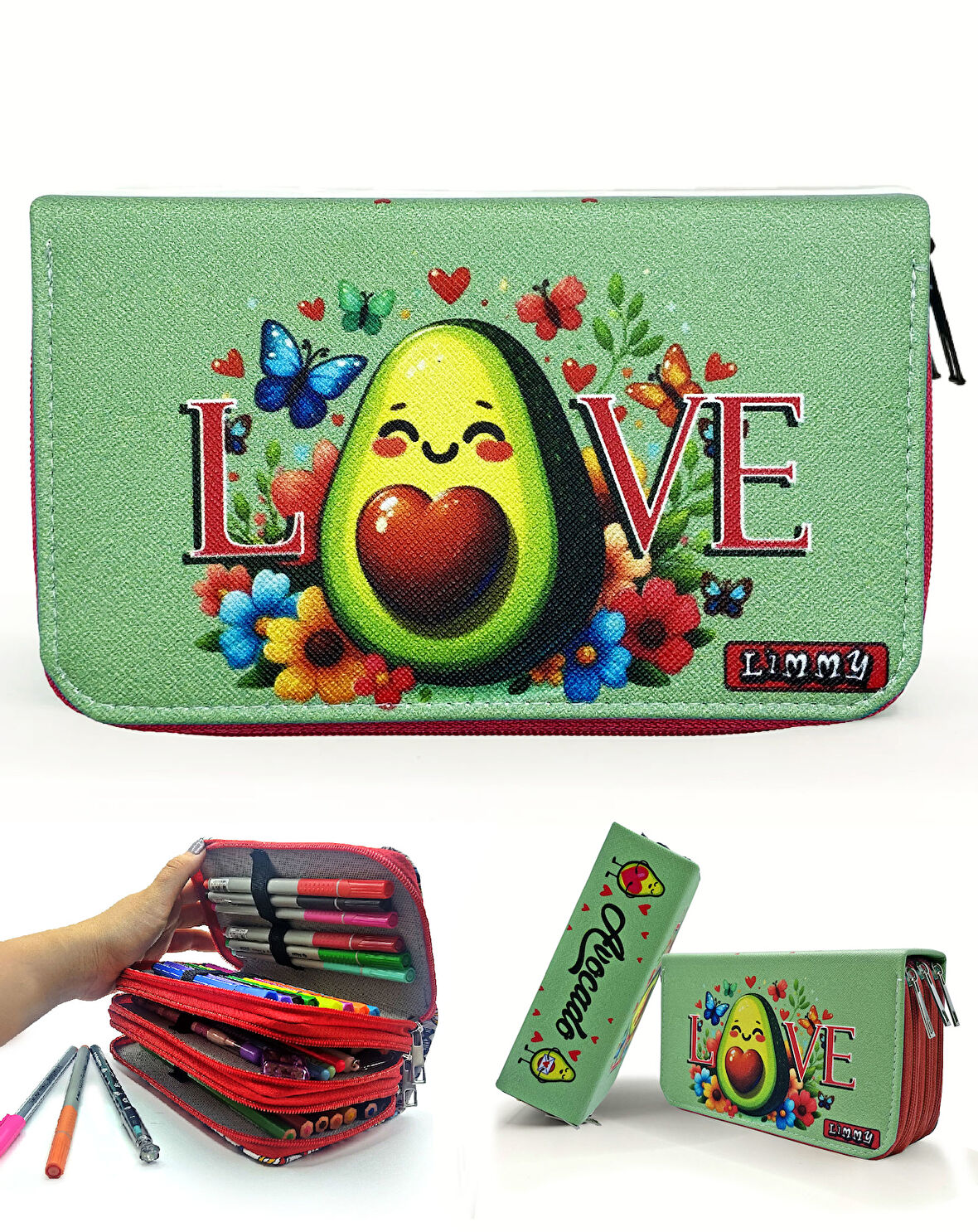 Kalem Kutusu Avakado Love Kawai Organizer Kalemkutu Vegan Deri Üç Bölmeli Kalemlik - Kırmızı