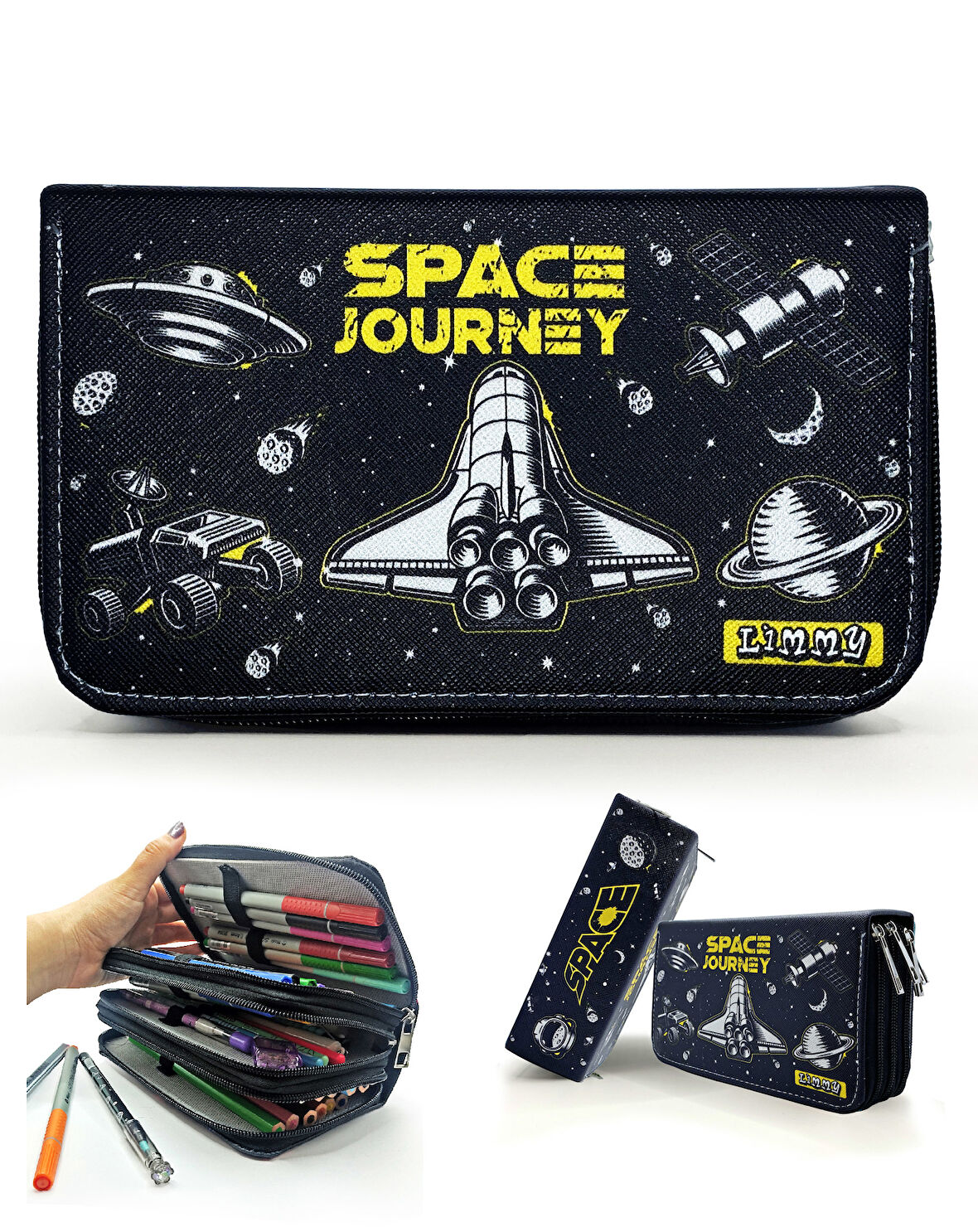 Kalem Kutusu Siyah Mekik Space Kawai Organizer Kalemkutu Vegan Deri Üç Bölmeli Kalemlik Siyah