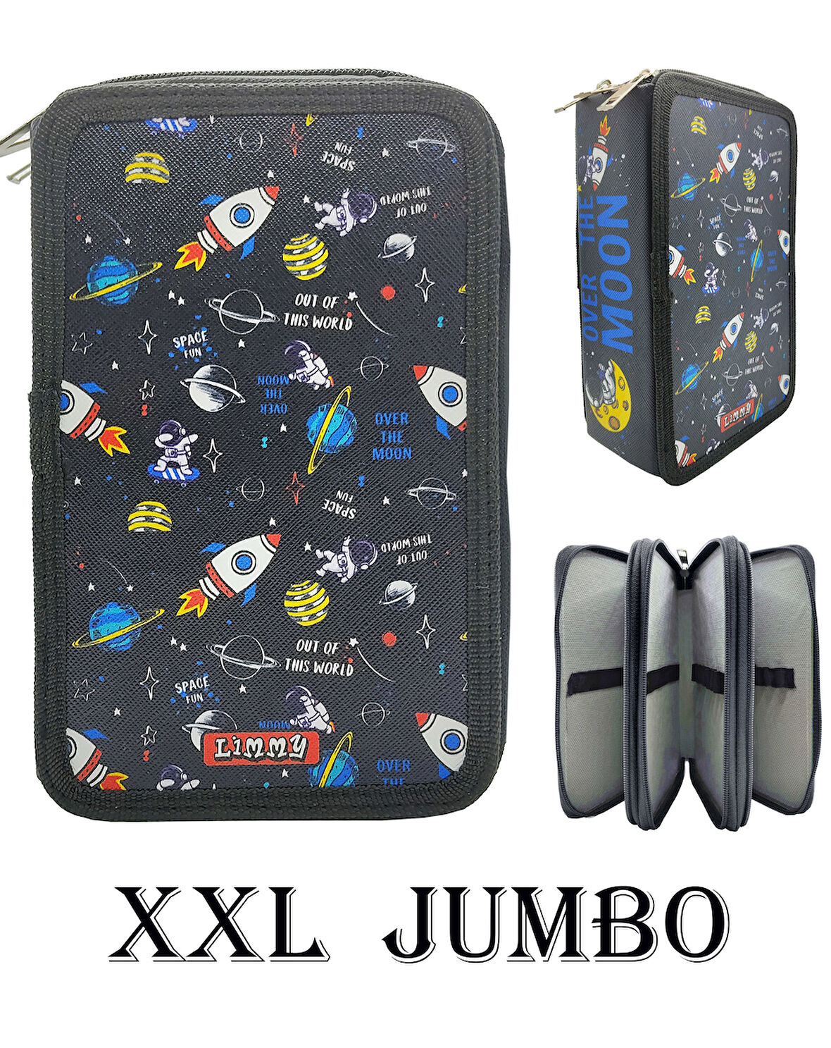 XL Jumbo Model Astronot Kalem Kutusu Organizer Kalemkutu 3 Bölmeli Kalemlik Siyah