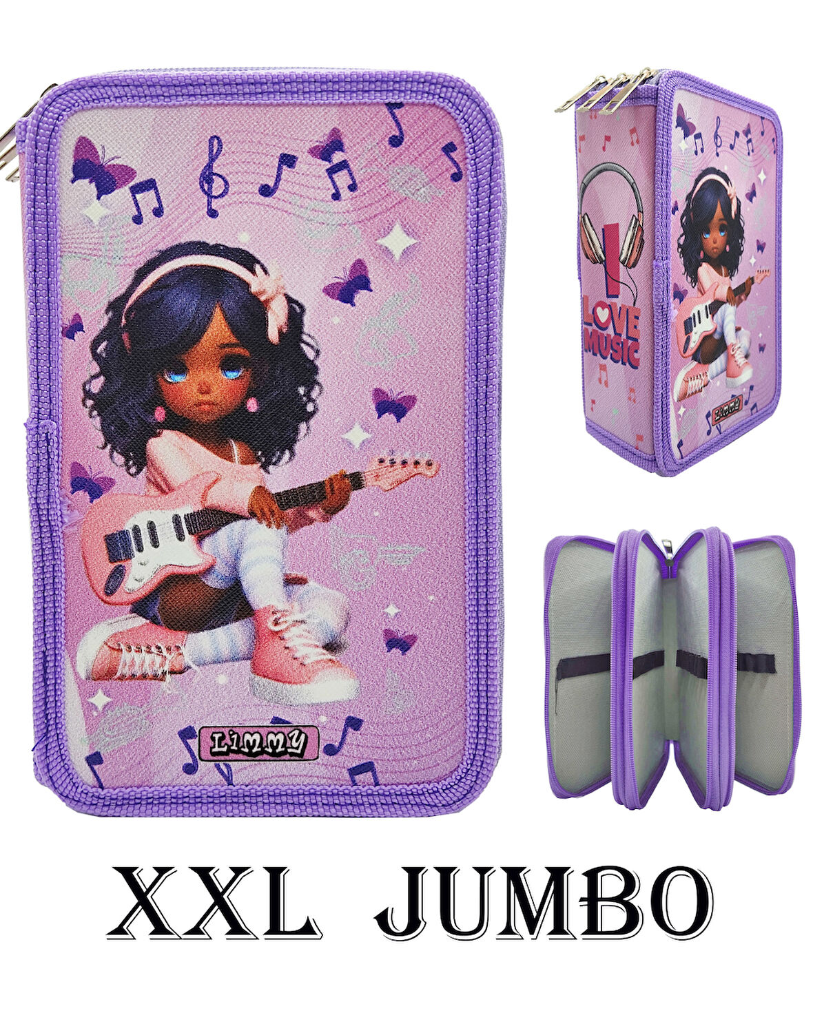 XL Jumbo Model Gitarlı Kız Müzik Kalem Kutusu Organizer Kalemkutu 3 Bölmeli Kalemlik Mor