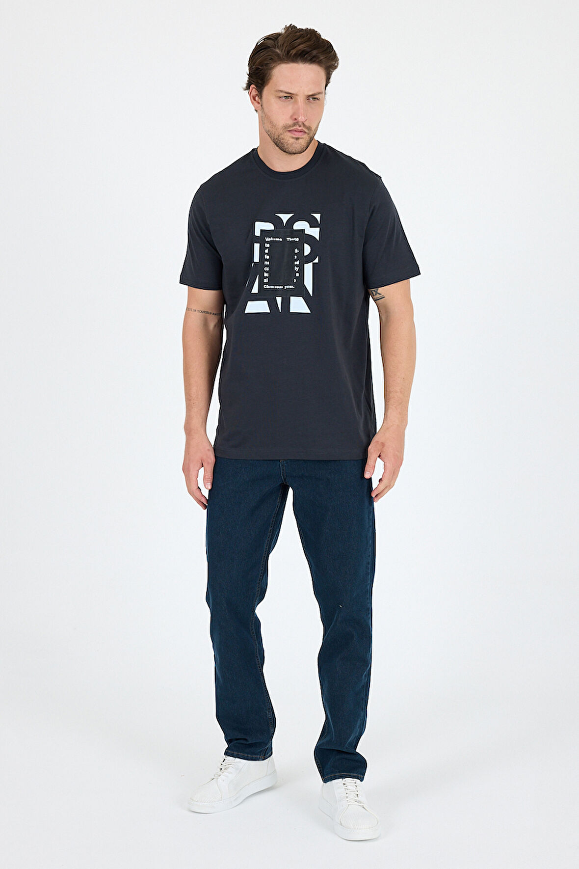 %100 Pamuk Bisiklet Yaka Baskılı Rahat Kesim, Nefes Alabilir Kumaş Erkek Tişört Basic Tişört 0102