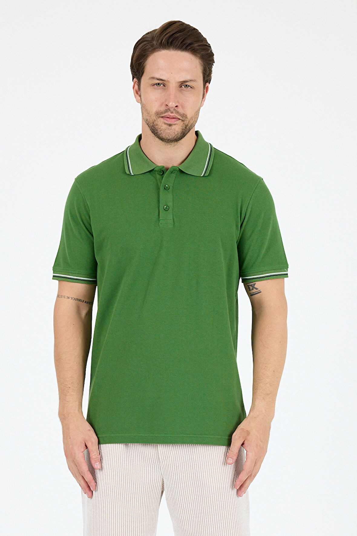 Regular Fit Pamuk Polo Yaka Kısa Kollu Yaka Ve Kol Rıbanası Çizgili Erkek Tişört 0039