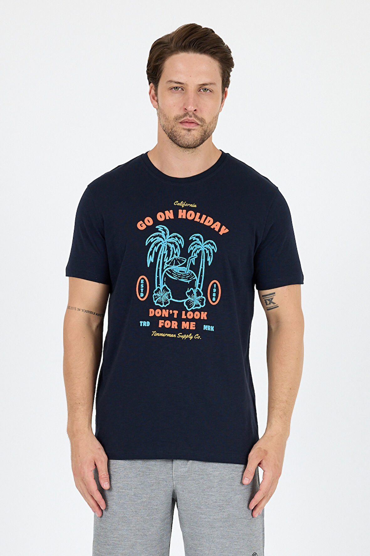 Erkek Go On Holiday Baskılı T-Shirt – %100 Pamuk – Bisiklet Yaka Kısa Kollu Rahat Erkek Tişört 0008