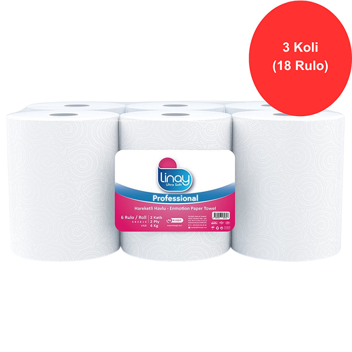 Linay Fotoselli Kağıt Havlu 6 Rulo x 3 Koli – Toplam 18 Rulo, 2 Katlı, 21 cm x 67 m, %100 Selüloz