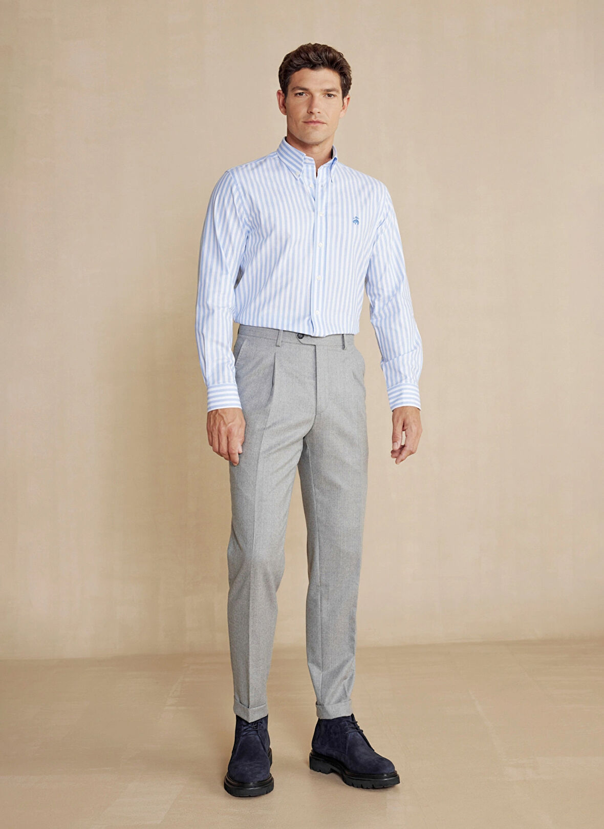 Brooks Brothers Normal Bel Duble Paça Standart Gri Erkek Pantolon BBFW24MPT006