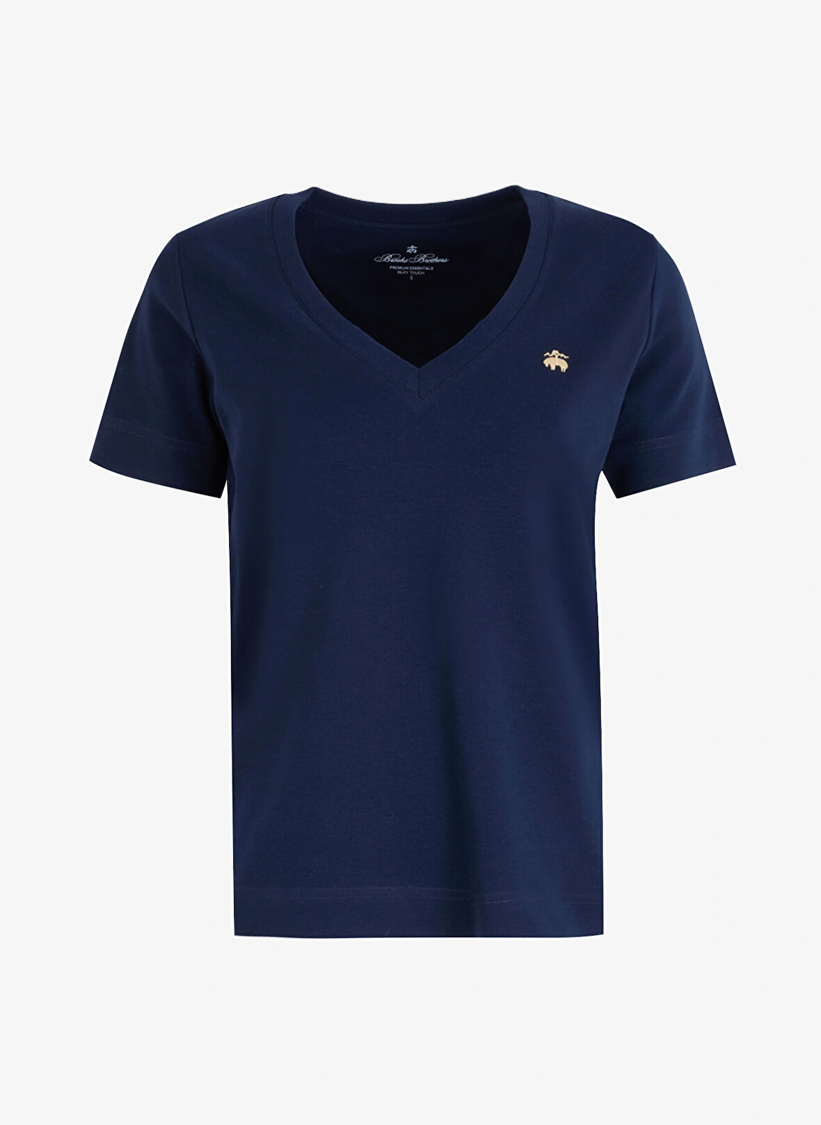 Brooks Brothers V Yaka Lacivert Kadın T-Shirt Gold Nakışlı V Yaka Basic T-shirt