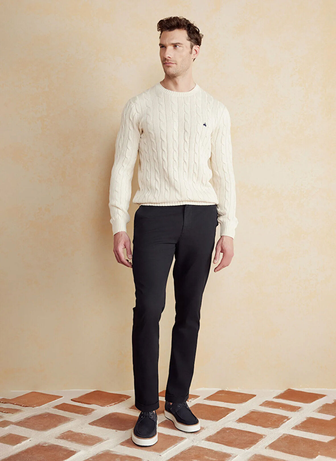 Brooks Brothers Bisiklet Yaka Standart Saç Örgü Desenli Kırık Beyaz Erkek Kazak BBSS25MKL021