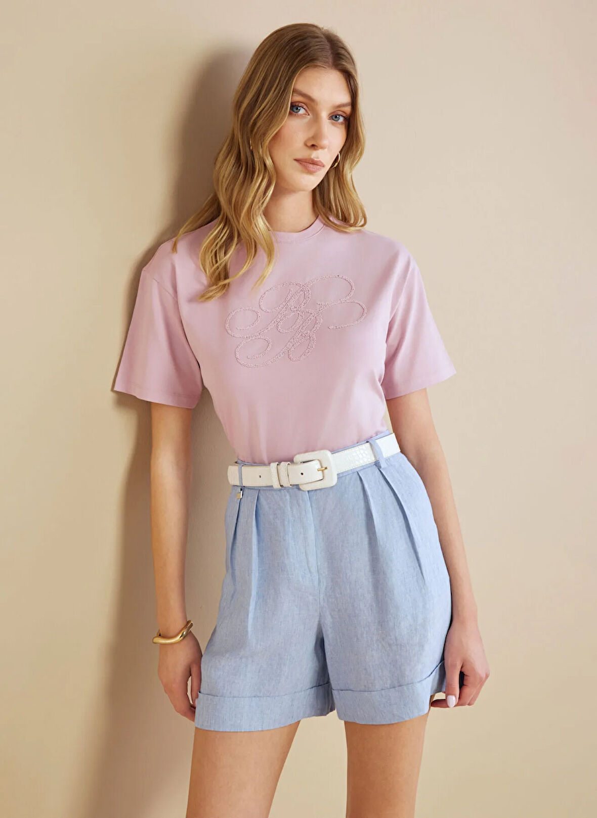 Brooks Brothers Bisiklet Yaka Desenli Pembe Kadın T-Shirt BBSS25FTS008