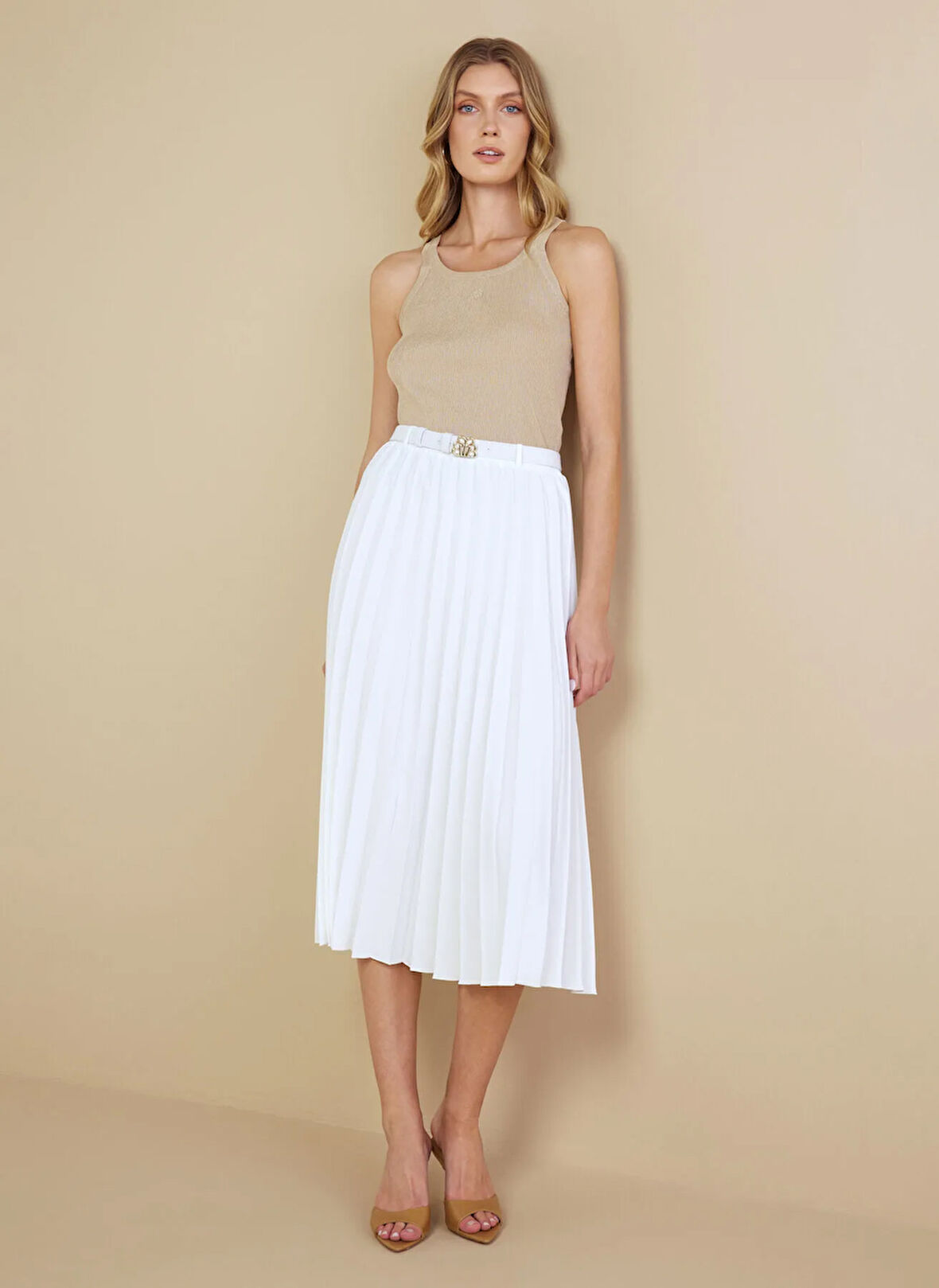 Brooks Brothers Normal Bel Beyaz Kadın Midi Etek BBSS25FSK008