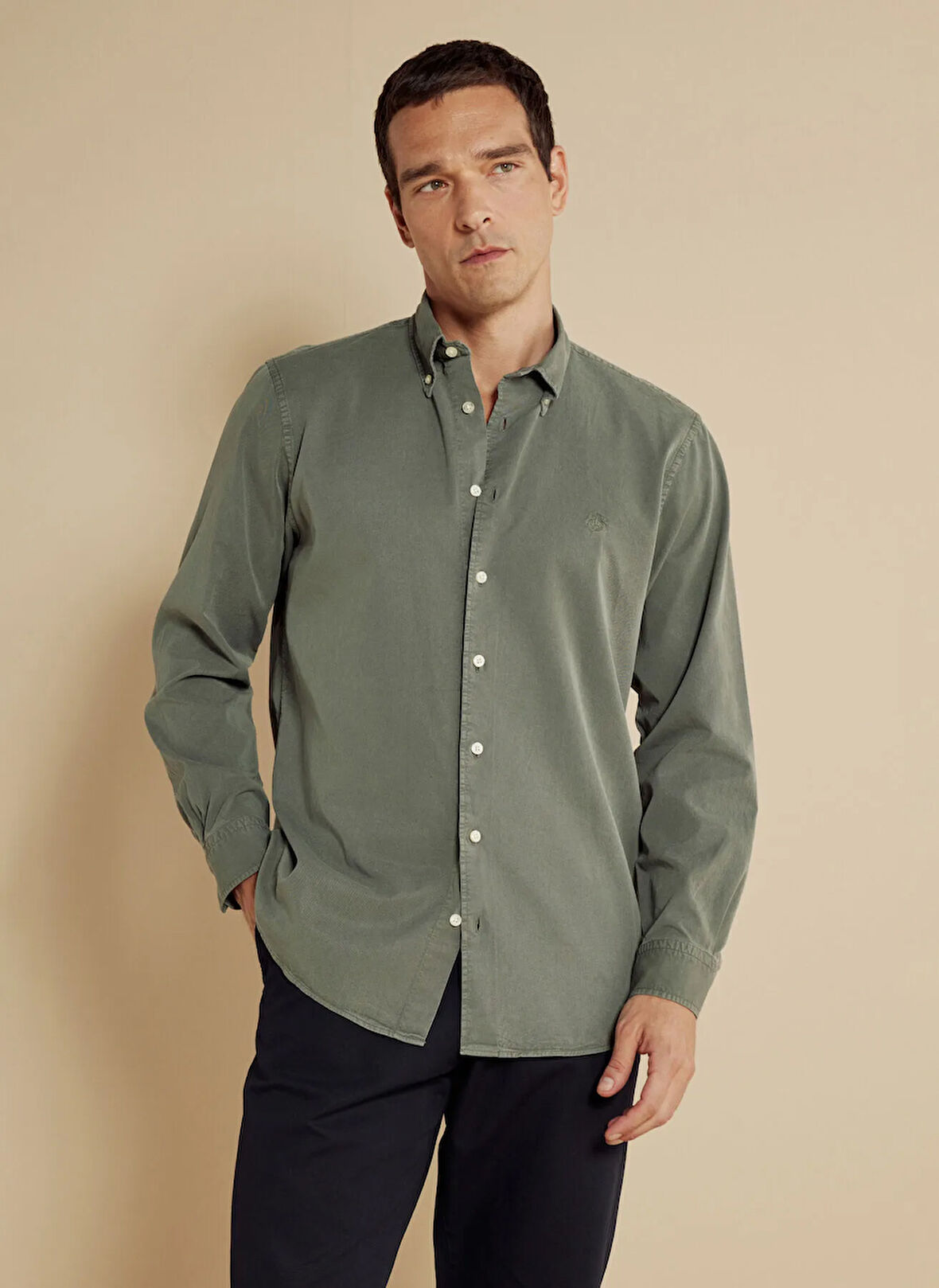 Brooks Brothers Regular Fit Düğmeli Yaka Haki Erkek Gömlek BBSS25MSH011