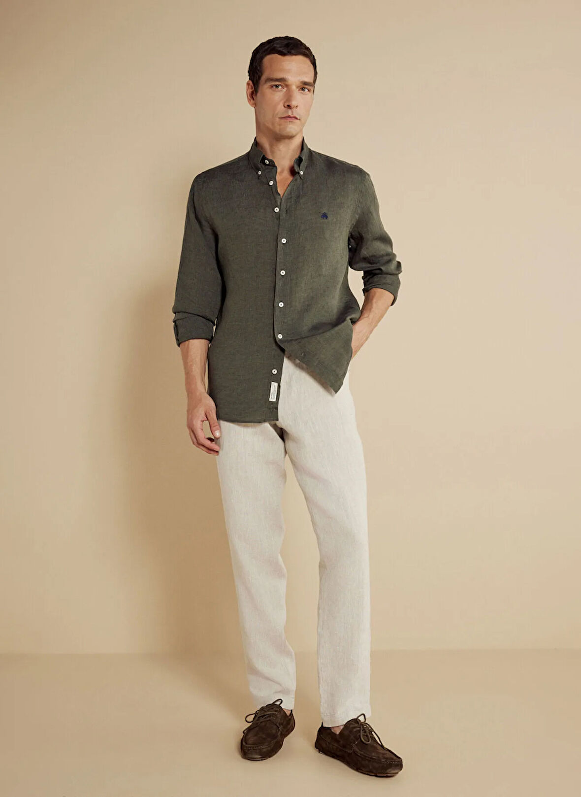 Brooks Brothers Regular Fit Düğmeli Yaka Haki Erkek Gömlek BBSS25MSH012
