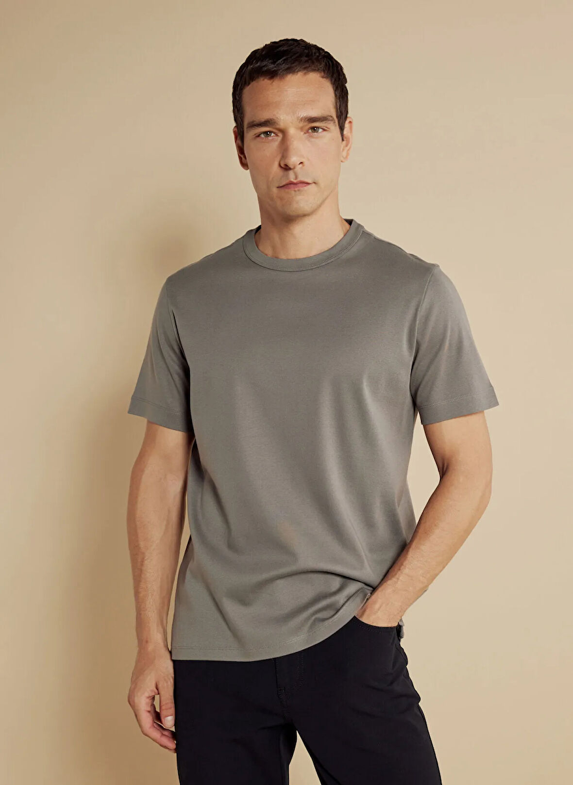 Brooks Brothers Bisiklet Yaka Gri Erkek T-Shirt BBSS25MTS025