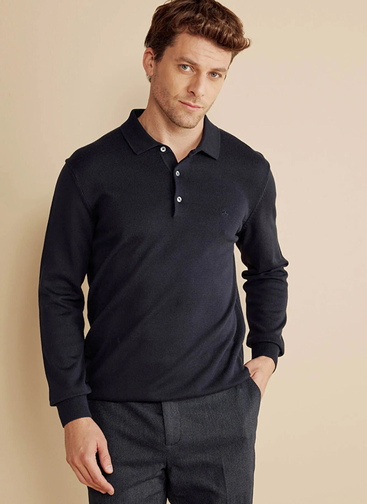 Brooks Brothers Polo Yaka Standart Lacivert Erkek Kazak BBFW25MKL003