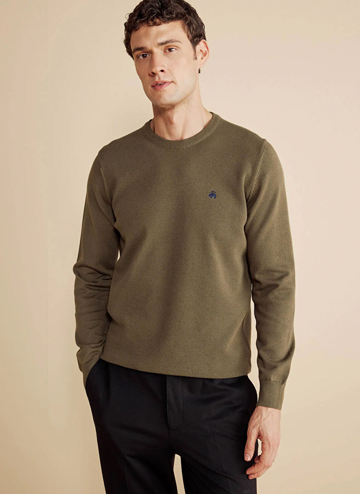 Brooks Brothers Bisiklet Yaka Standart Haki Erkek Kazak BBFW25MKL001