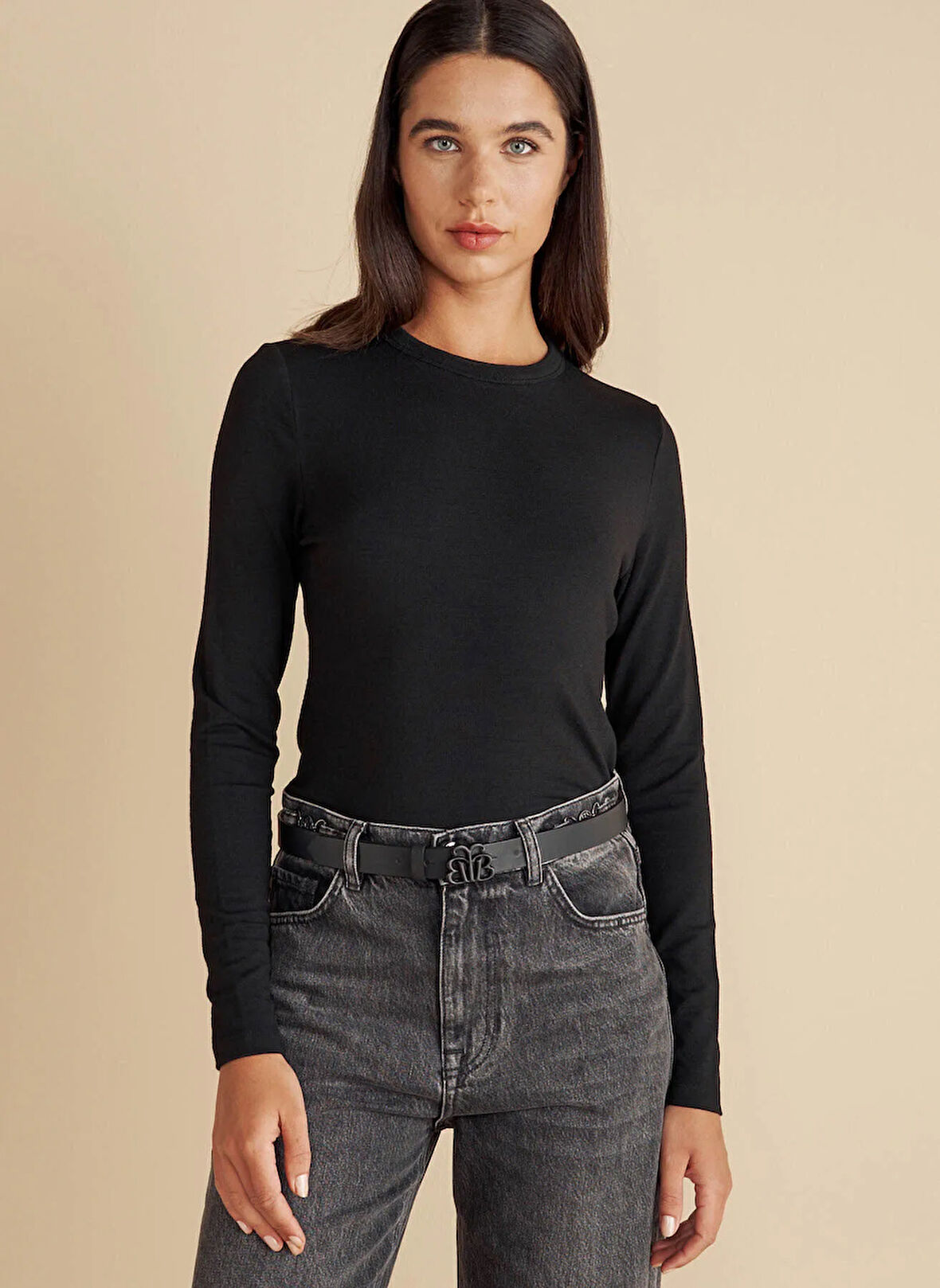 Brooks Brothers Bisiklet Yaka Siyah Kadın Bluz Bisiklet Yaka Örme Yün Bluz