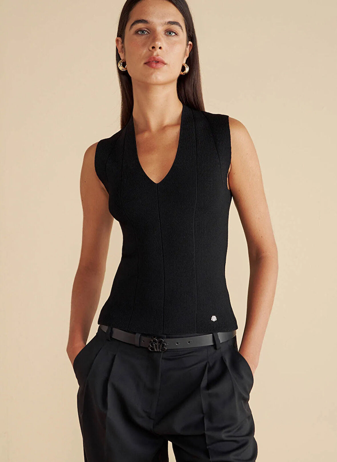 Brooks Brothers V Yaka Standart Siyah Kadın Kazak Derin V Yaka Rayon Triko Bluz