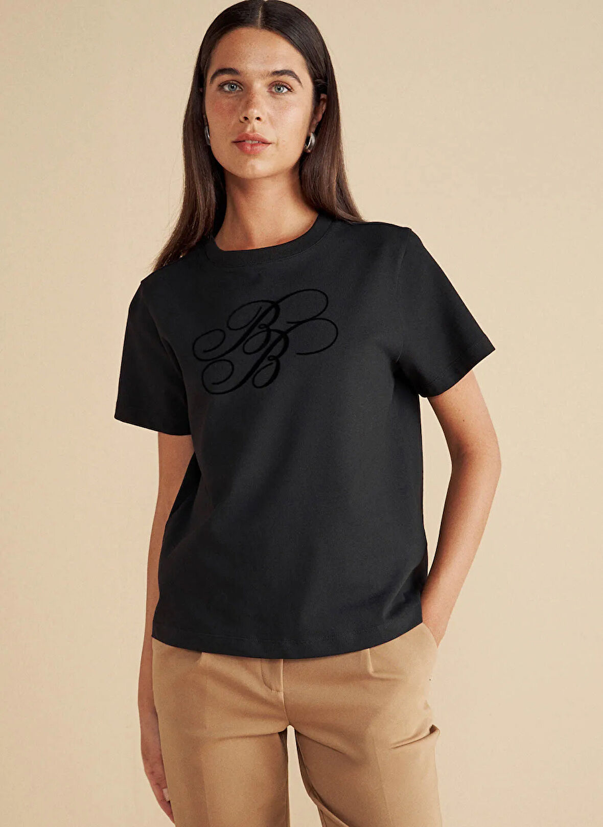 Brooks Brothers Bisiklet Yaka Baskılı Siyah Kadın T-Shirt Bisiklet Yaka Flok Baskılı T-shirt