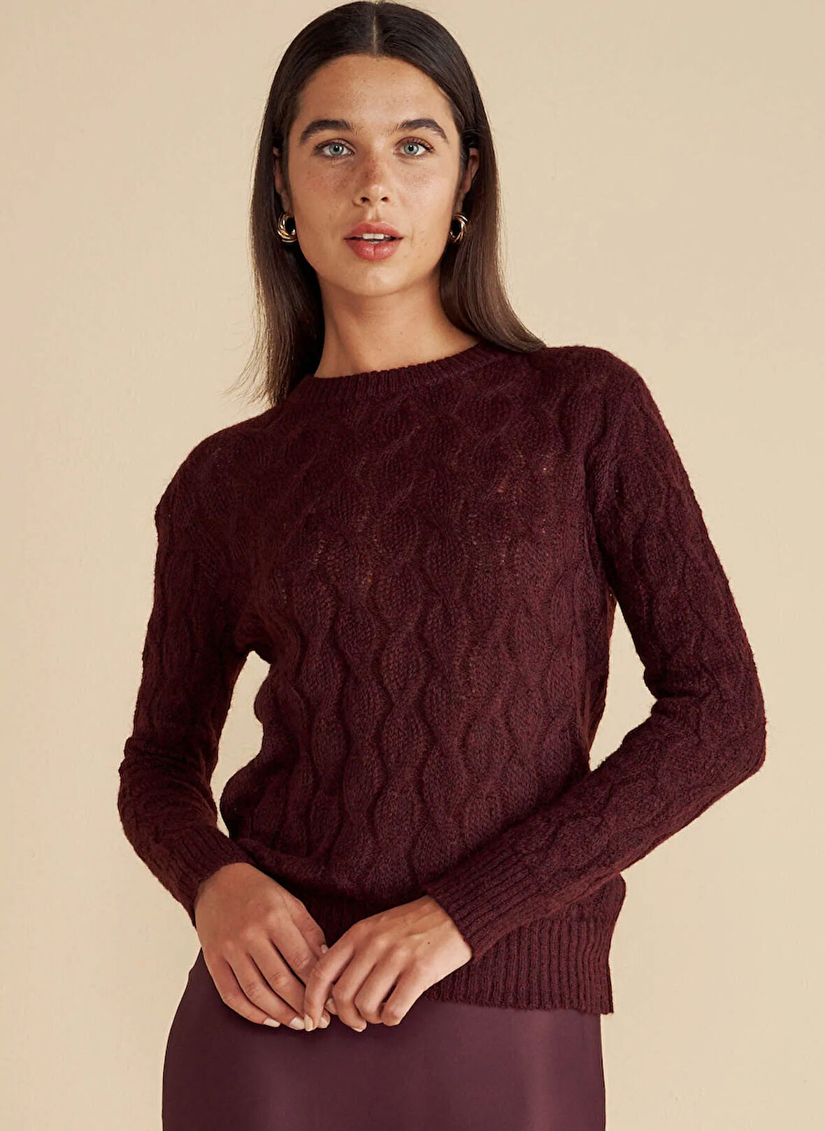 Brooks Brothers Bisiklet Yaka Standart Saç Örgü Desenli Bordo Kazak Kadın Bisiklet Yaka Saç Örgü Yün Kazak