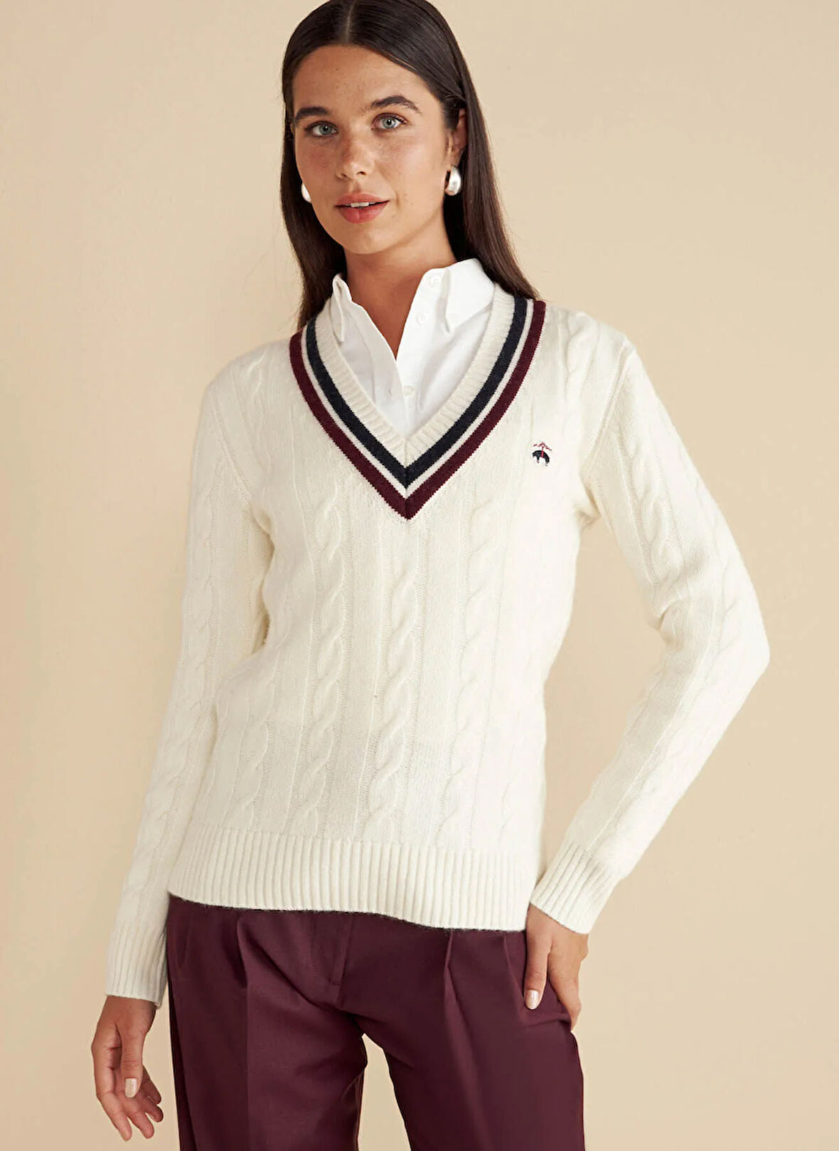 Brooks Brothers V Yaka Standart Saç Örgü Desenli Ekru Kazak Kadın V Yaka Saç Örgü Kolej Yün Kazak