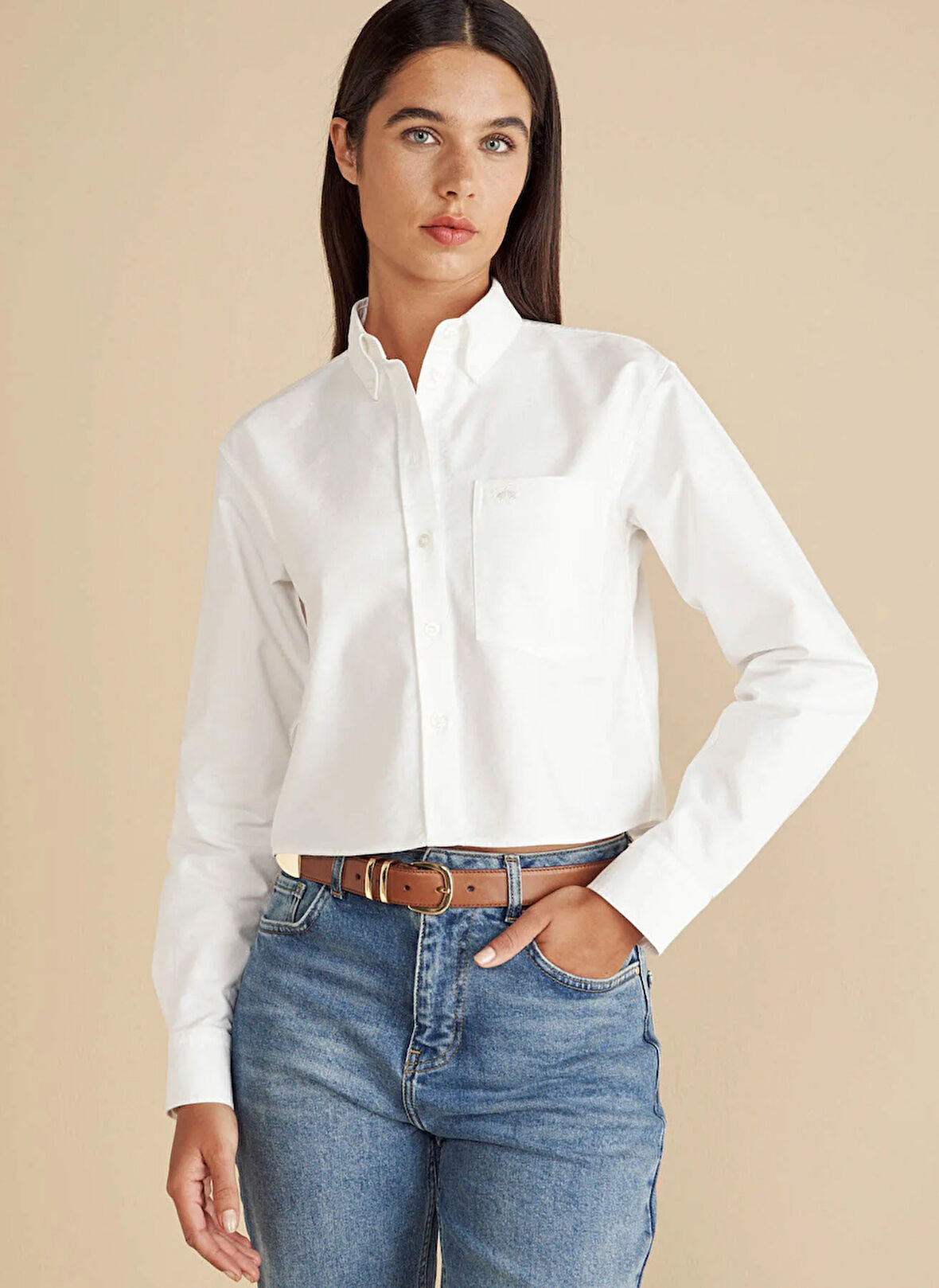 Brooks Brothers Regular Fit Gömlek Yaka Beyaz Kadın Gömlek %100 Pamuk Logo Nakışlı Crop Oxford