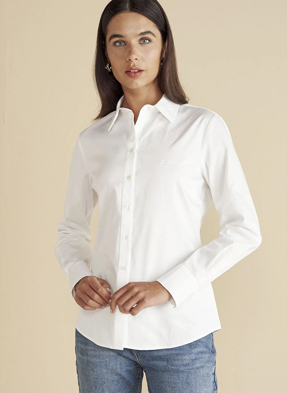 Brooks Brothers Slim Fit Gömlek Yaka Beyaz Kadın Gömlek Logo Nakışlı Business Gömlek