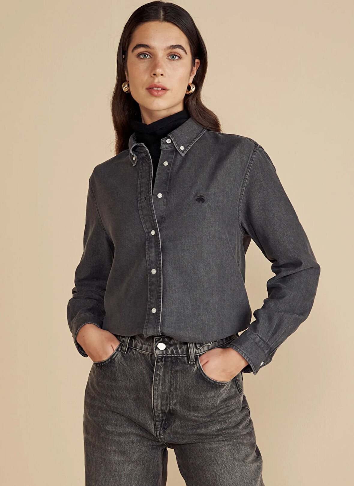 Brooks Brothers Oversize Gömlek Yaka Antrasit Kadın Denim Gömlek Logo Nakışlı Tencel Gömlek