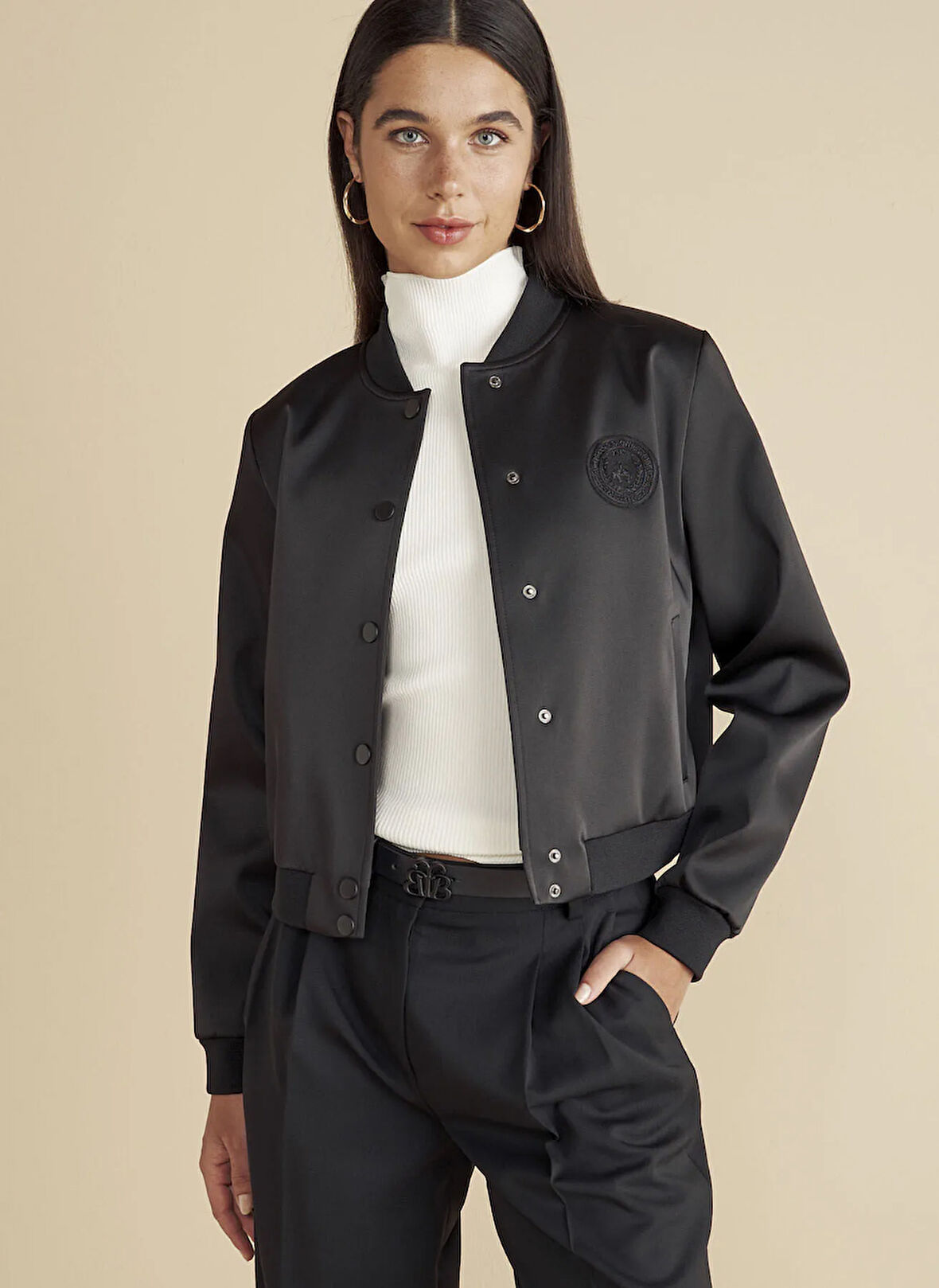 Brooks Brothers Siyah Kadın Mont Tel Kırma Patchli Logo Astarlı Sate