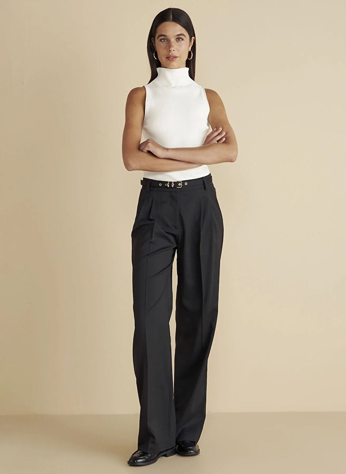 Brooks Brothers Yüksek Bel Regular Fit Siyah Kadın Pantolon %100 Yün Çift Pileli Deri Kemerli P