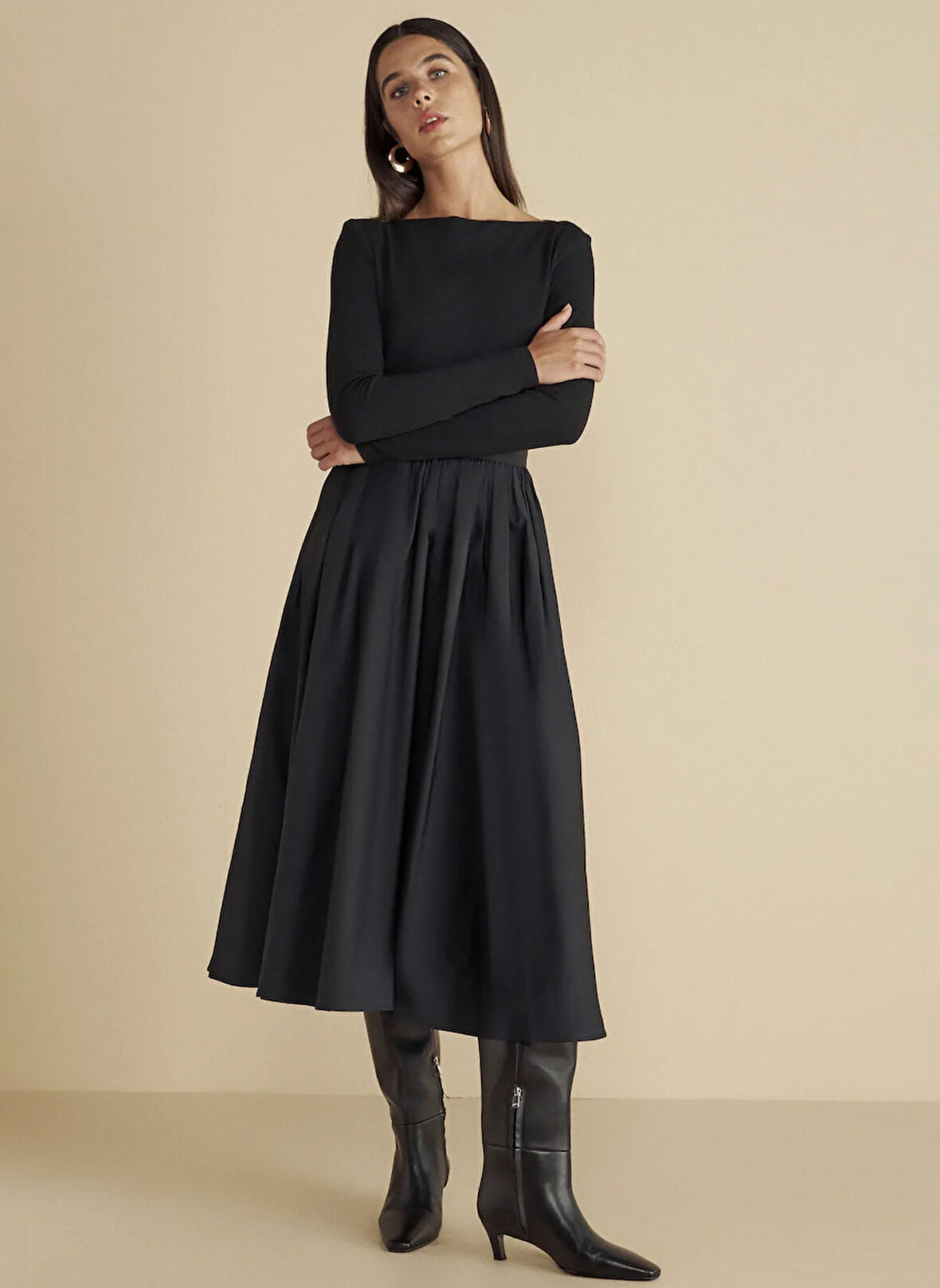 Brooks Brothers Normal Bel Siyah Kadın Midi Etek Tafta Büzgülü Maksi Etek