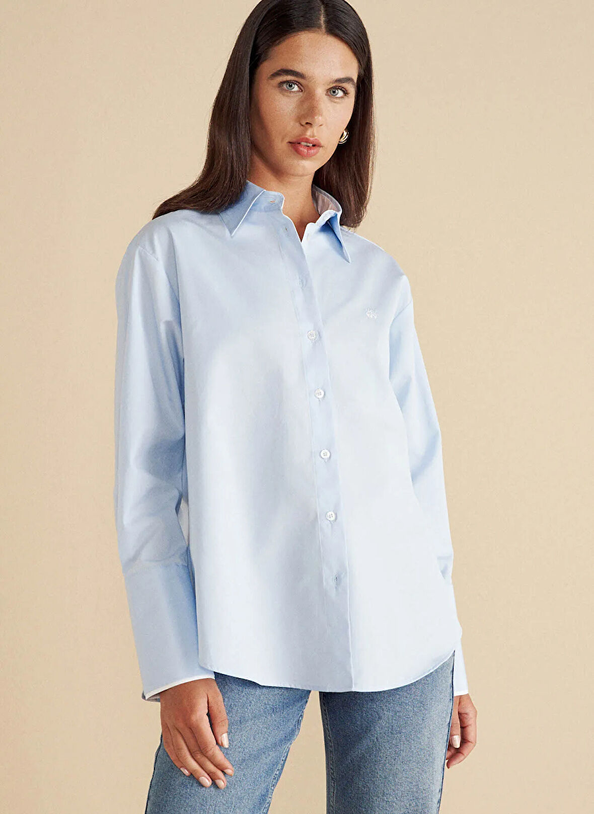 Brooks Brothers Oversize Gömlek Yaka Mavi Kadın Gömlek %100 Pamuk Kontrast Garnili Oversiz