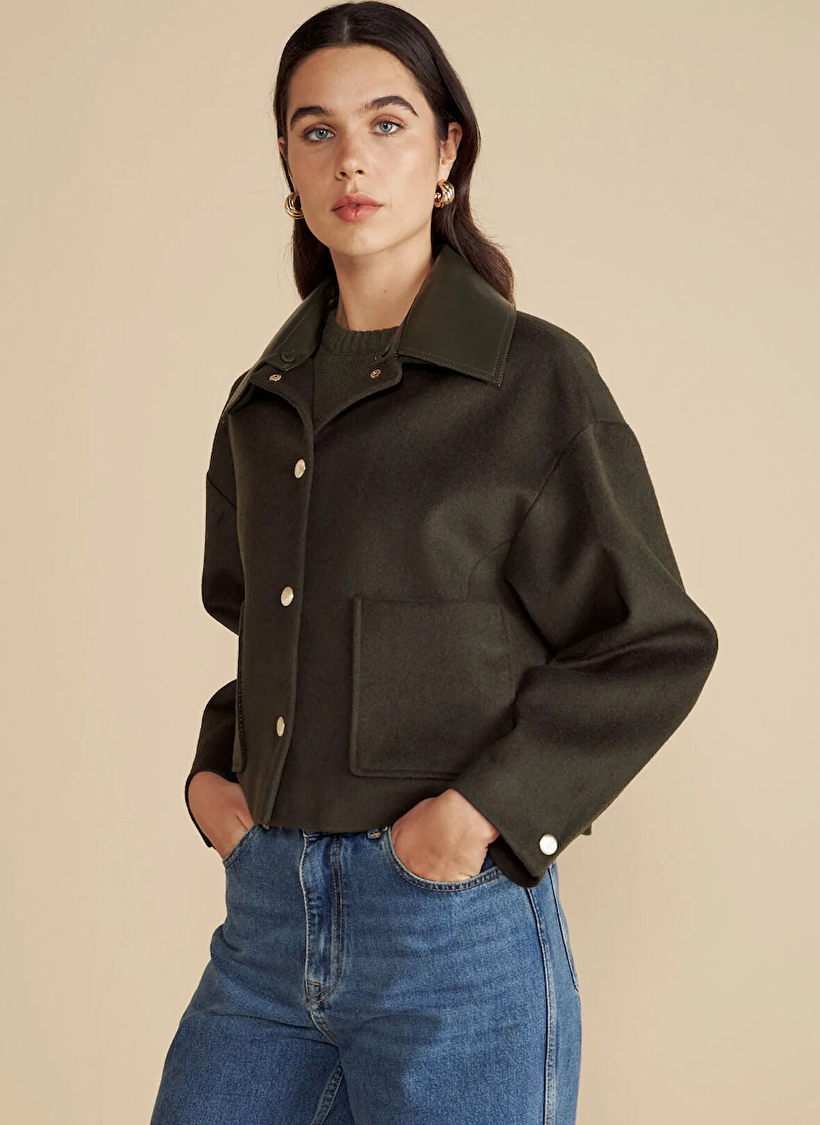 Brooks Brothers Haki Kadın Mont Çıkartılabilir Deri Yakalı Yün Kısa