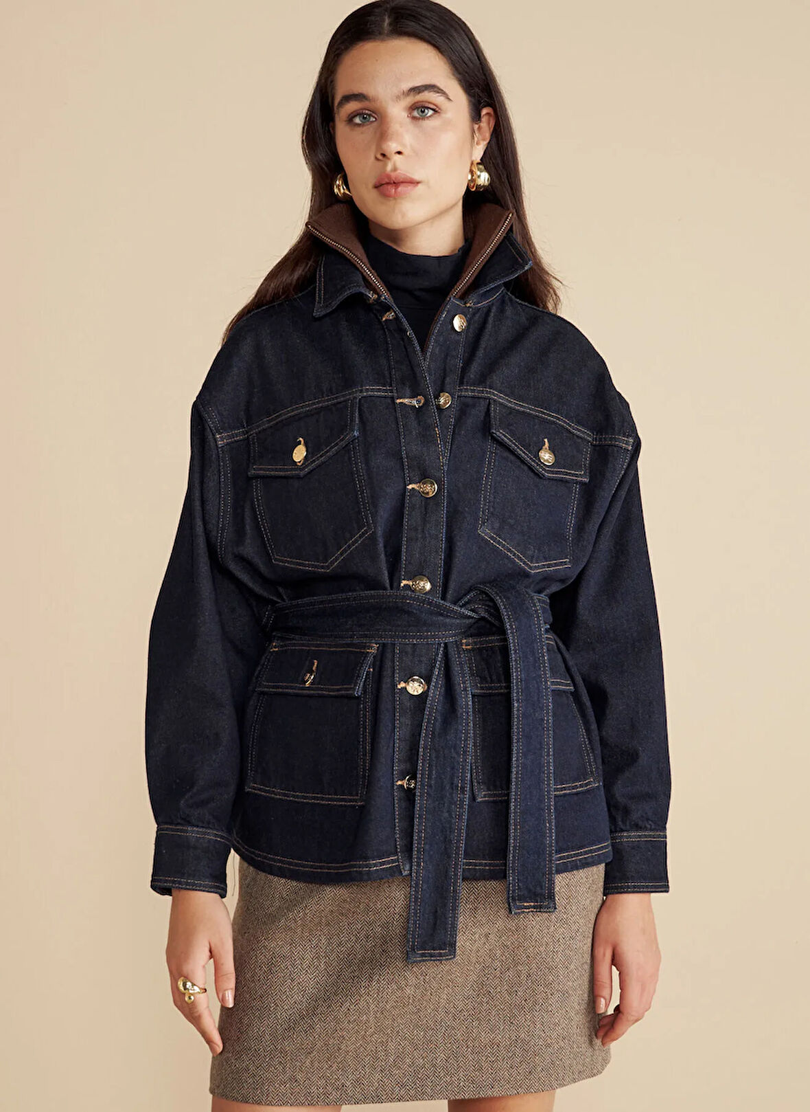 Brooks Brothers Lacivert Kadın Denim Ceket Metal Düğmeli Beli Kuşakli Denim Ce