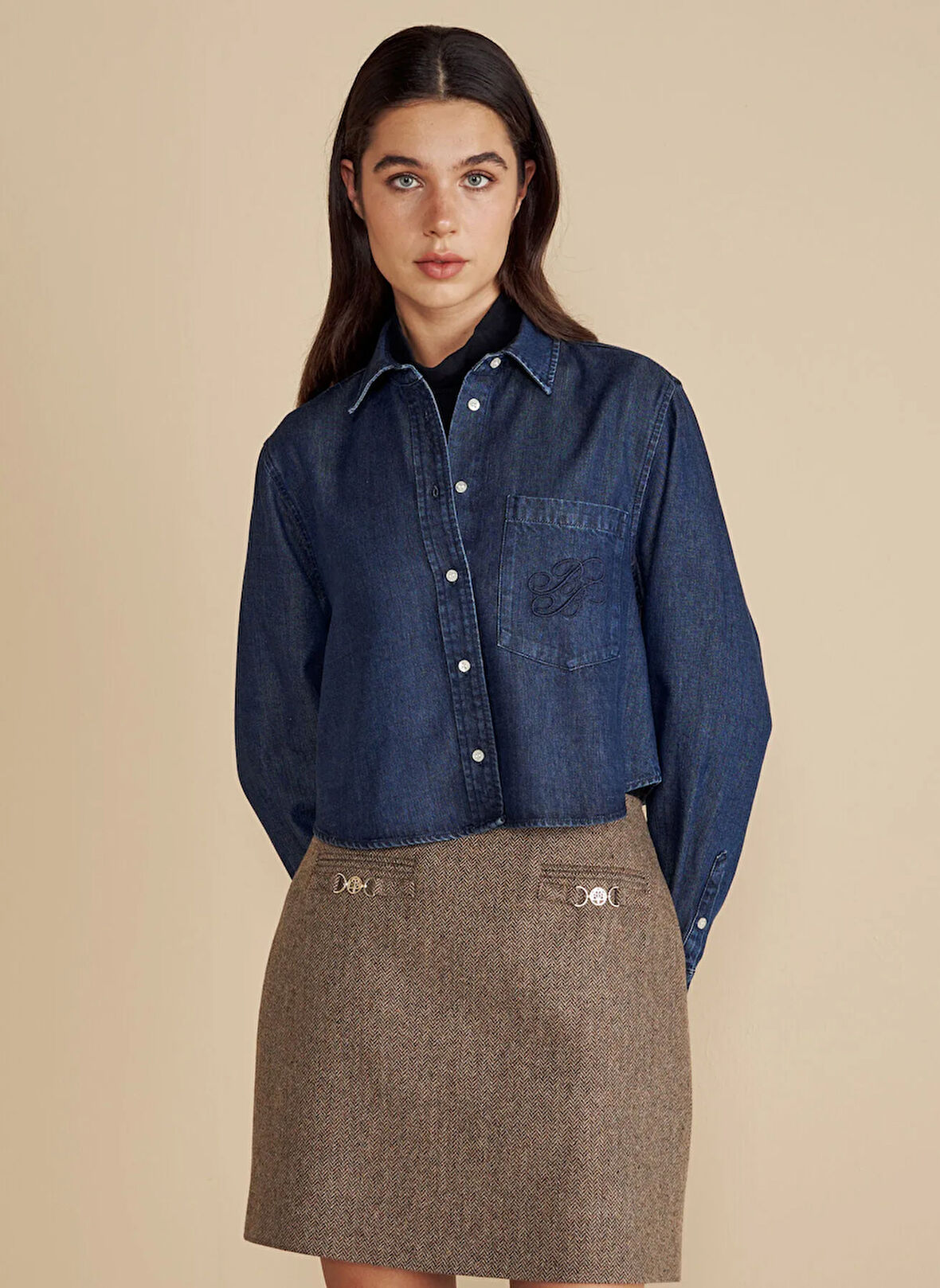 Brooks Brothers Oversize Gömlek Yaka Lacivert Kadın Denim Gömlek Logo Nakışlı Tencel Crop Gömlek