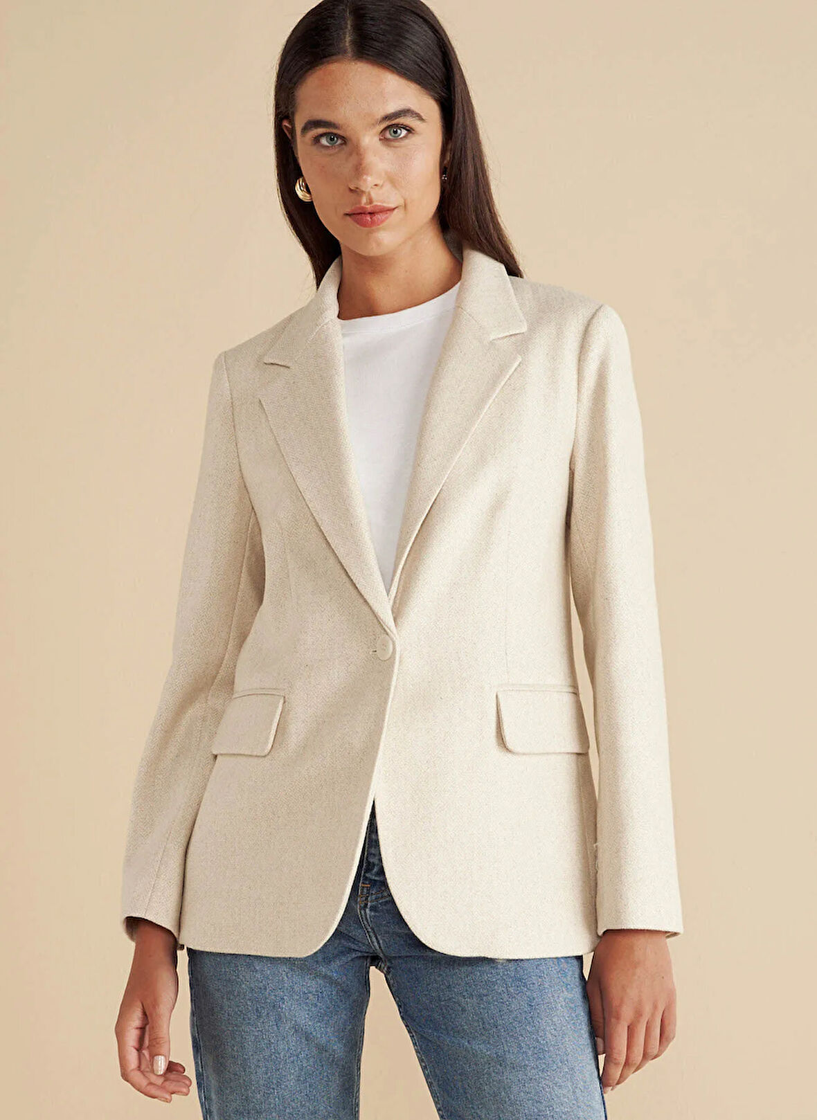 Brooks Brothers Standart Bej Kadın Ceket Arkası Düğme Detaylı Balıksırtı Des