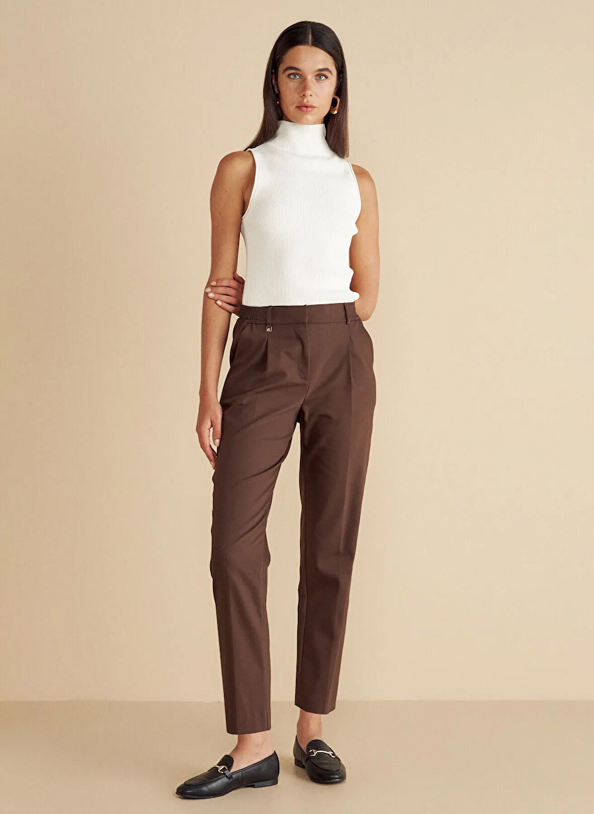 Brooks Brothers Normal Bel Regular Fit Kahve Kadın Pantolon Metal Logo Detaylı Yarım Lastikli P